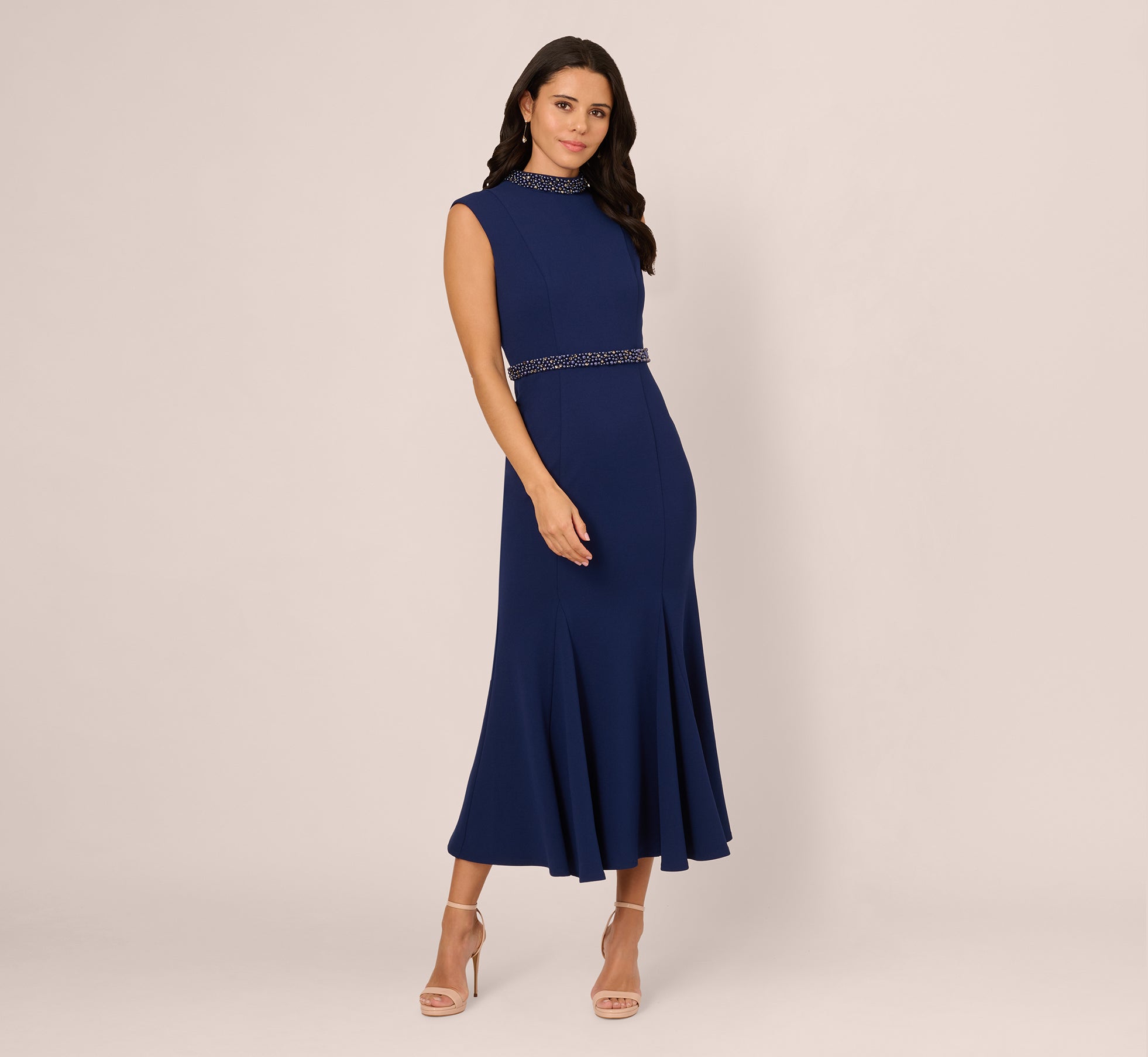 Elegant Navy Blue Sleeveless Mock Neck Pearly Midi Dress - Perfect for Weddings, Cocktail Parties & Formal Events