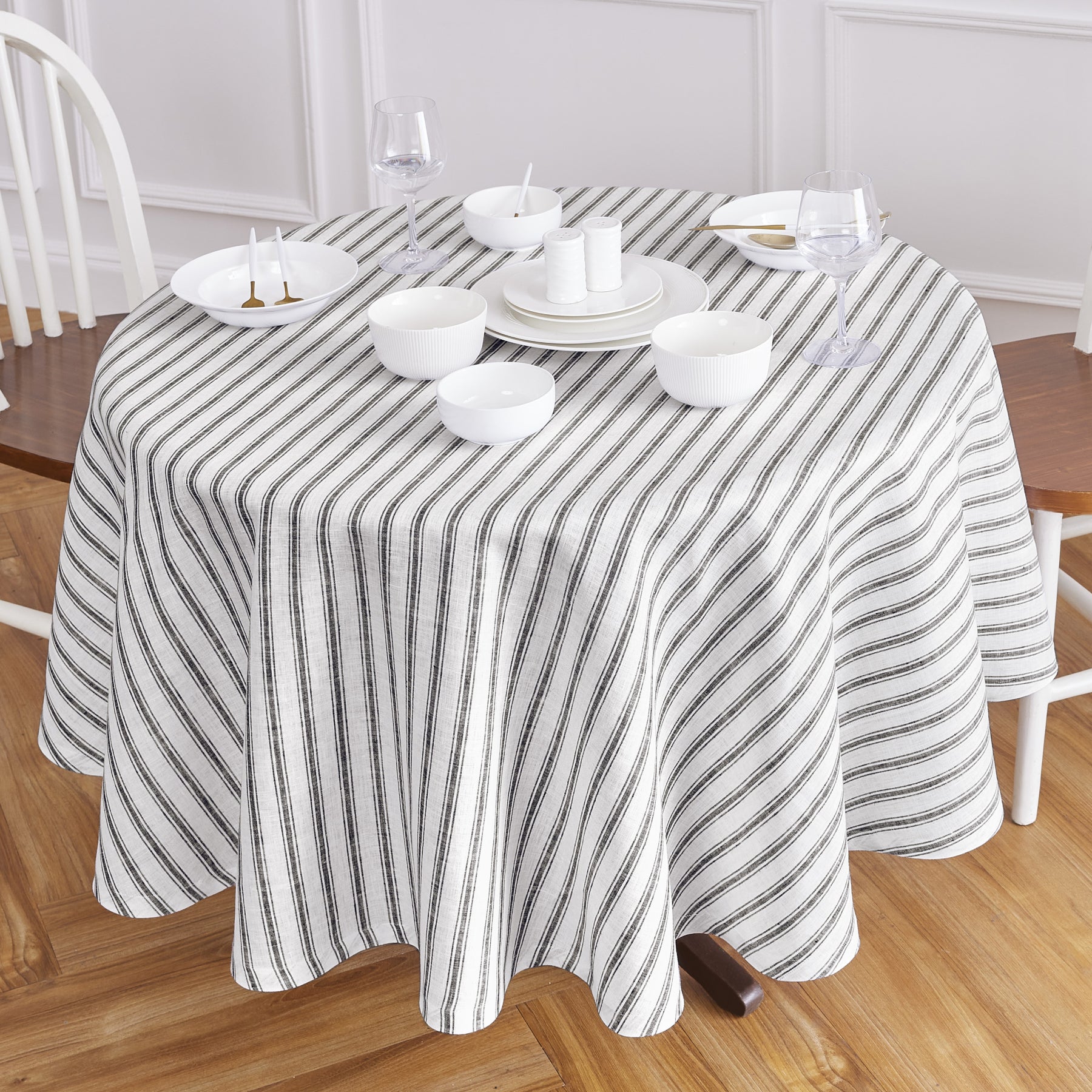 Stylish Capri Ticking Stripe Round Tablecloth - Waterproof & Washable - Perfect for Dining Room, Kitchen, or Outdoor Picnic