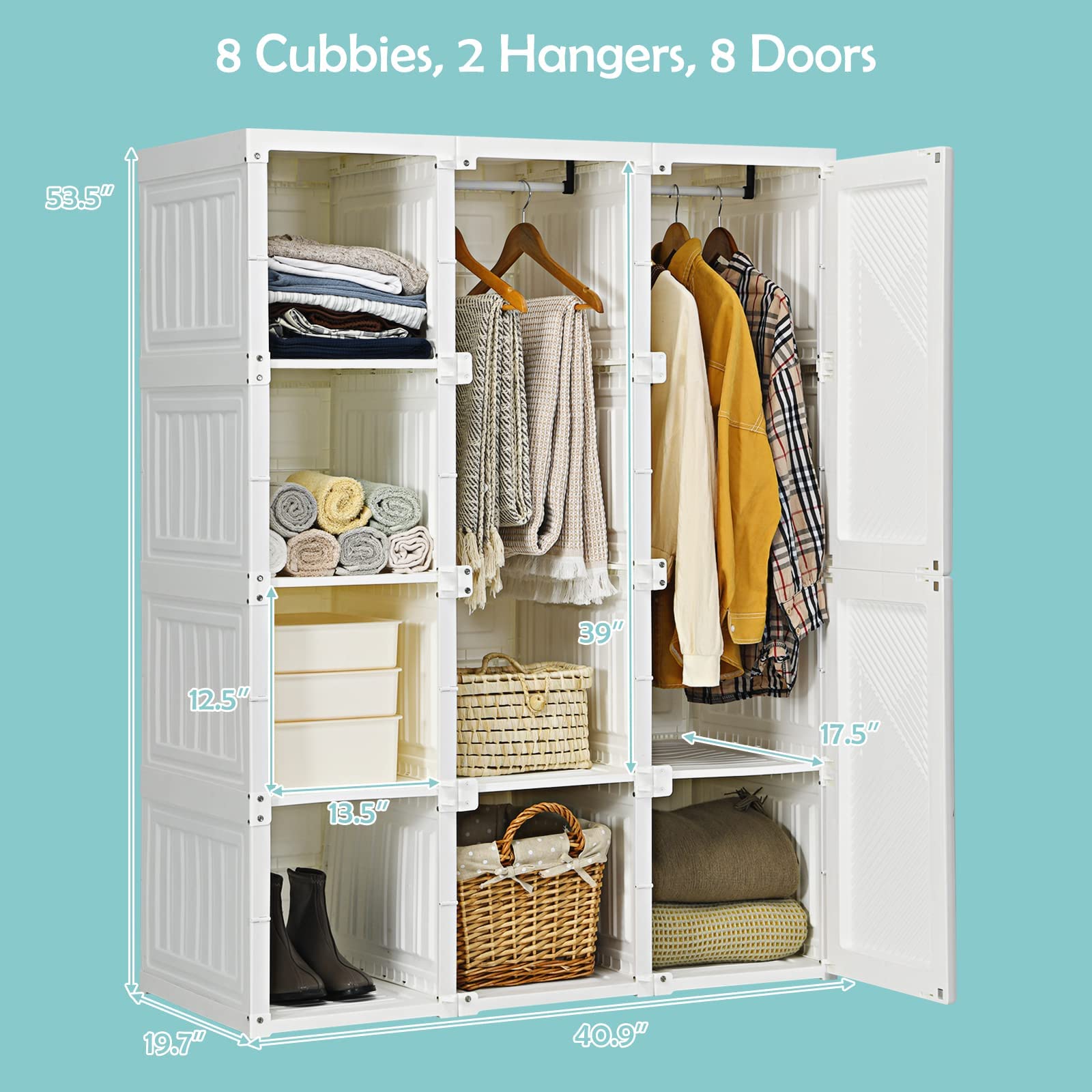 Tangkula Portable Closet Wardrobe - Foldable Clothes Organizer with 8 Storage Cubbies & 2 Hanging Rods, Easy Assembly Magnetic Door Clothing Storage for Bedroom, Closet, Dorm, Apartment | Space Saving Wardrobe Solution for Small Spaces
