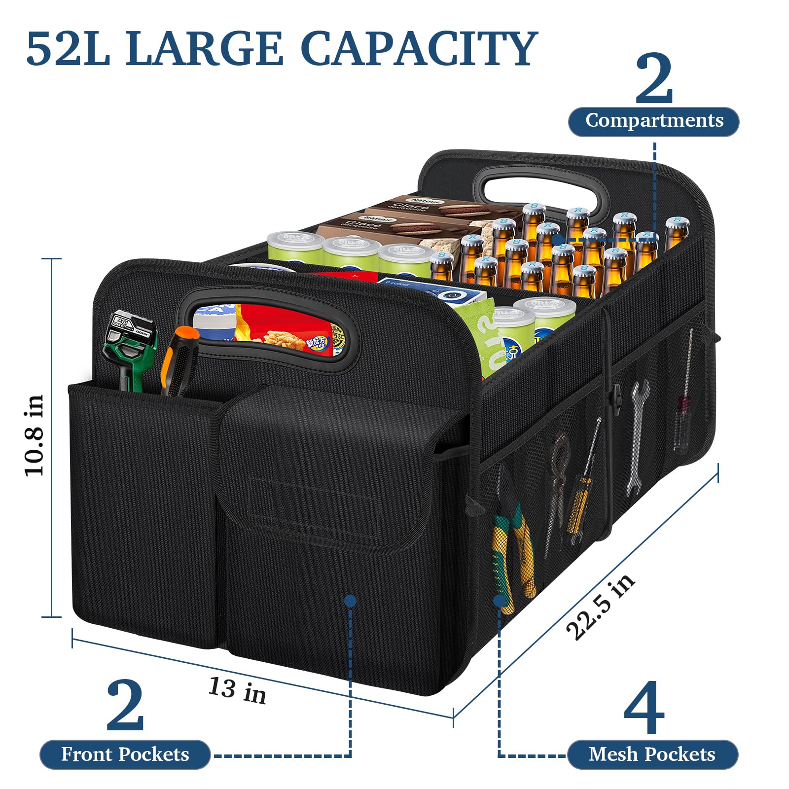 Femuar Large Capacity Waterproof Collapsible Car Trunk Organizer for SUV/Jeep/Sedan – Durable Black Storage Solution for Travel, Groceries, and Sports Gear