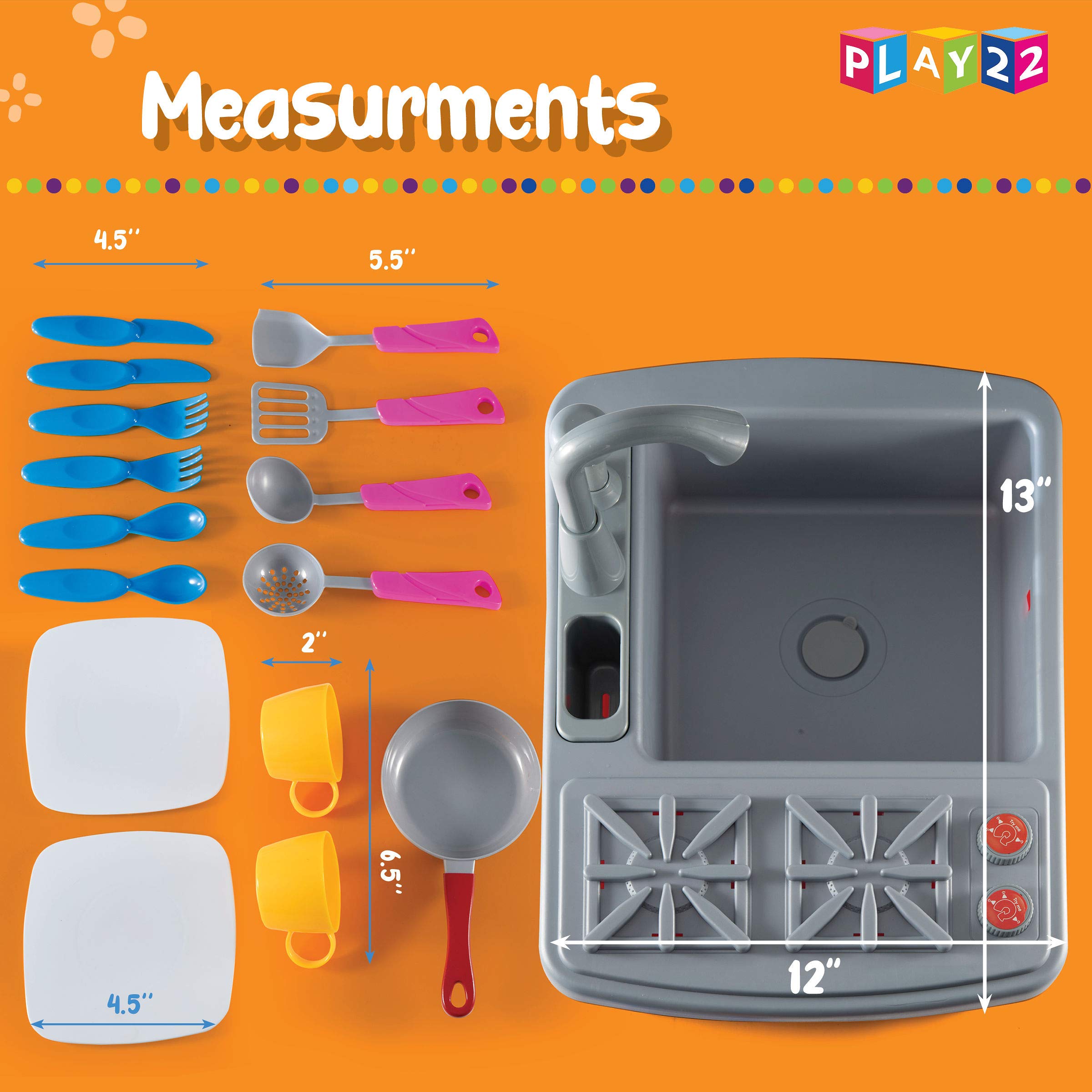 Play22 17-Piece Kids Play Kitchen Sink Set with Running Water - Realistic Toddler Sink Toy with Faucet, Drain, Dishes & Utensils - Includes Play Stove & Pan - Pretend Play Kitchen Toys for Boys & Girls Ages 3+ - Perfect for Imaginative Play, Role-Playing & Early Childhood Development