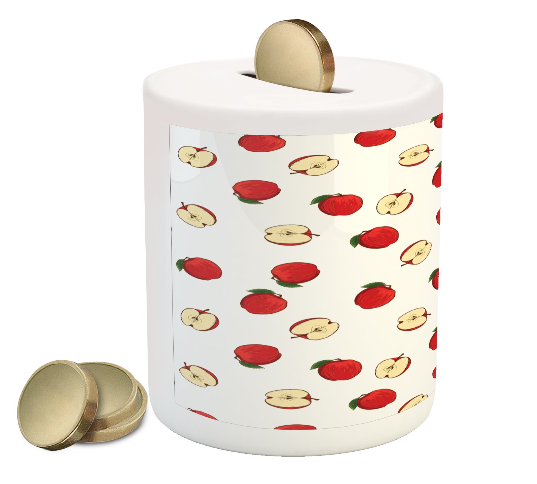 Ambesonne Apple Piggy Bank - Hand Painted Vibrant Fruit Design, Ceramic Coin Bank for Saving Money, Perfect for Kids' Savings, Birthday Gifts & Home Decor (Eggshell Red)
