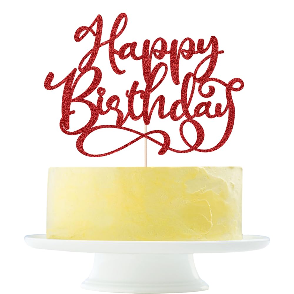 Gold Glitter Happy Birthday Cake Topper - Elegant Cake Decoration for Birthday Parties, Anniversaries & Celebrations | Perfect for Wedding, Baby Shower & Special Events (Red)