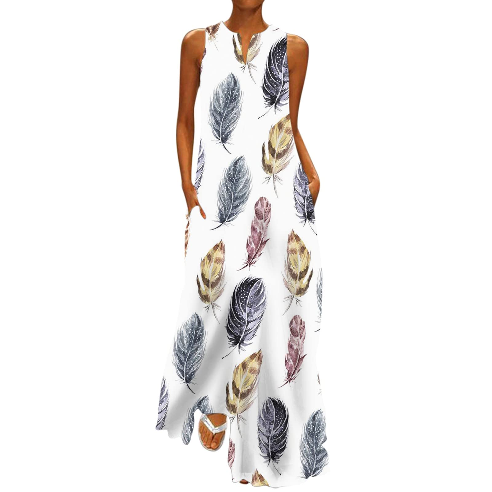 Boho Beach Maxi Dress for Women - Sleeveless V-Neck Flowy Summer Sundress with Pockets | Casual Wear, Vacations, Beach Outings, Date Nights