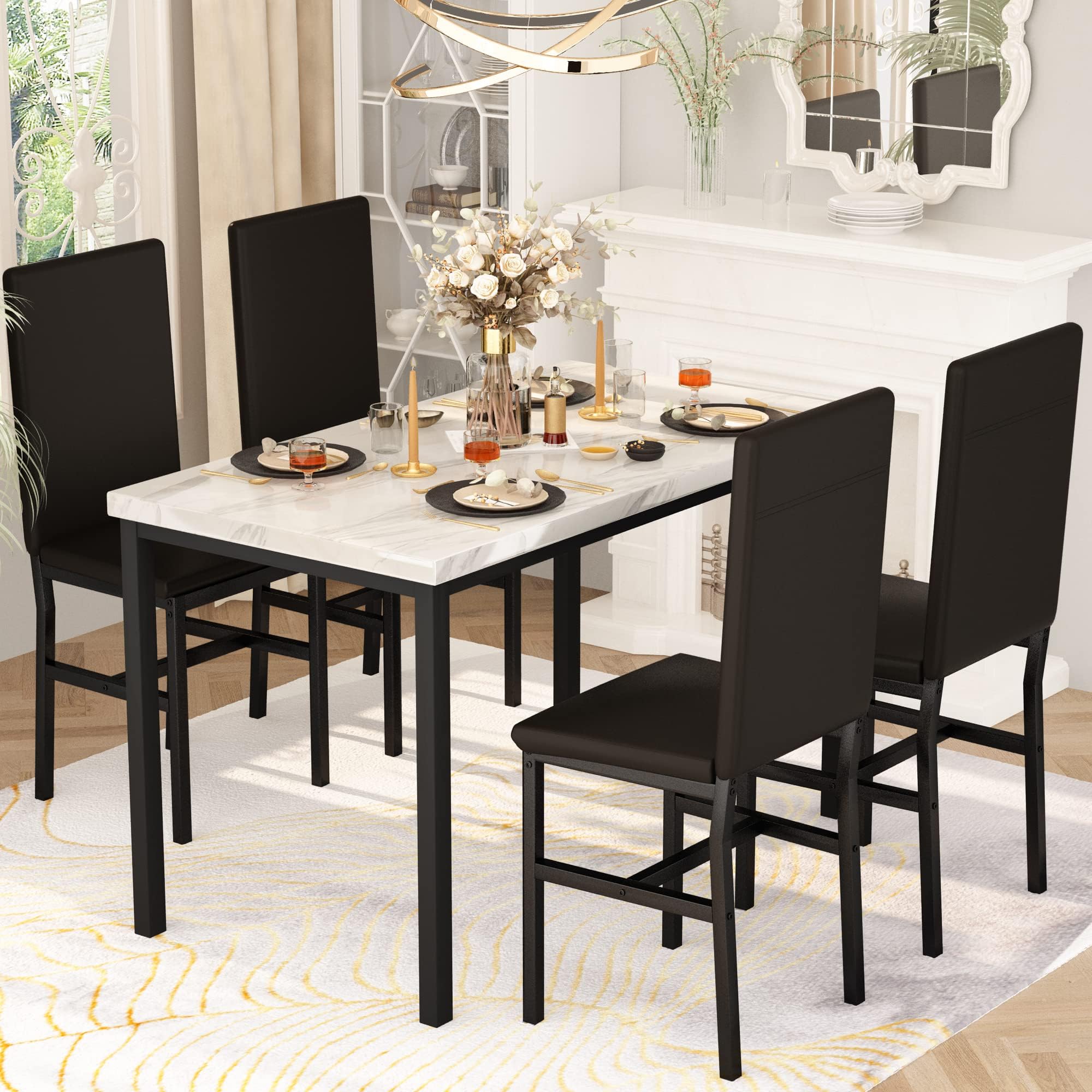 Hooseng Modern 5-Piece Dining Set - White Faux Marble Table with 4 PU Leather Chairs for Small Spaces | Perfect for Apartments, Home Bars & Compact Dining Areas