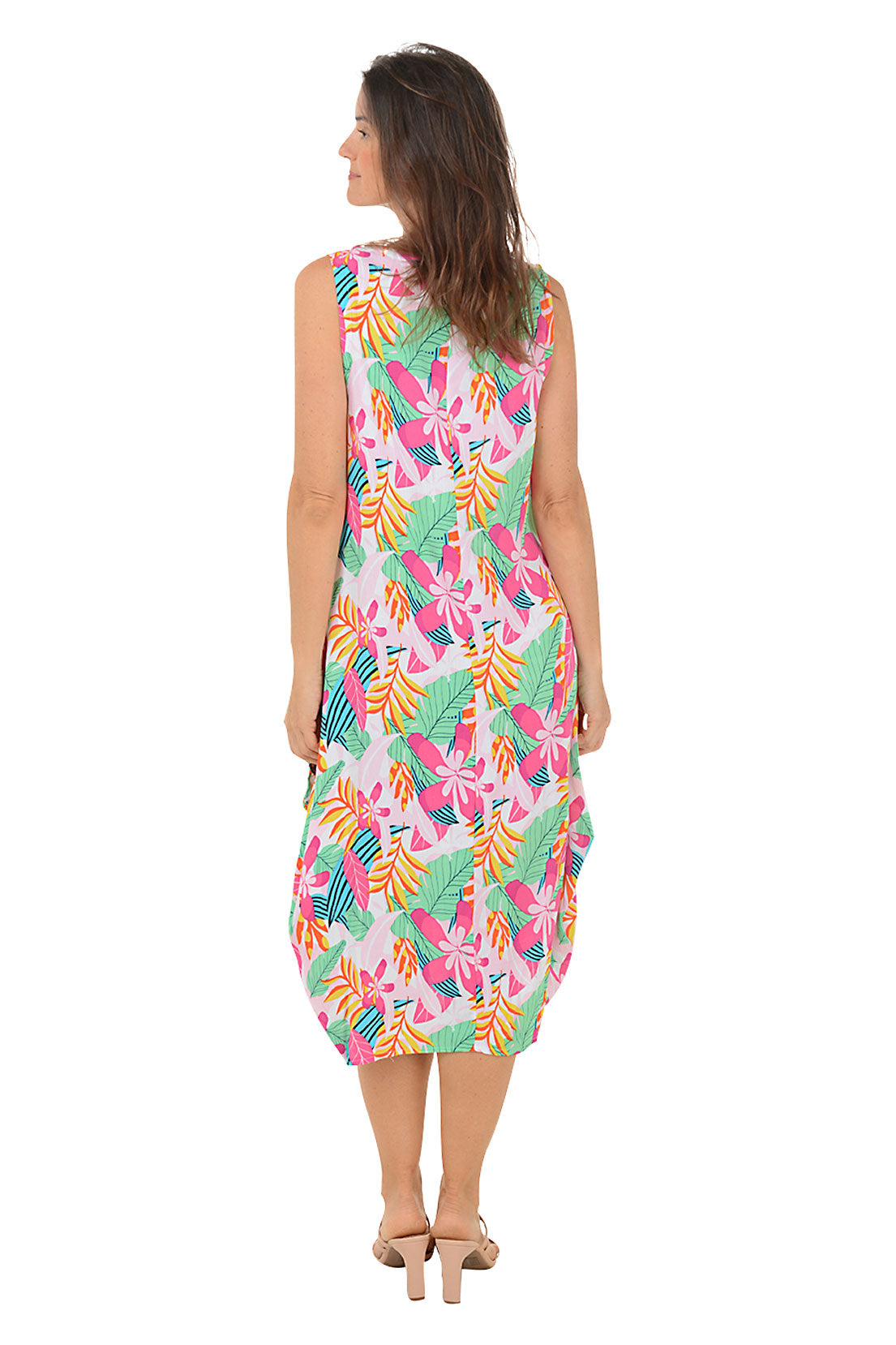 Fuchsia Leaf Print Sleeveless Convertible Summer Dress for Women - Perfect for Patio Parties, Beach Vacations & Casual Outings