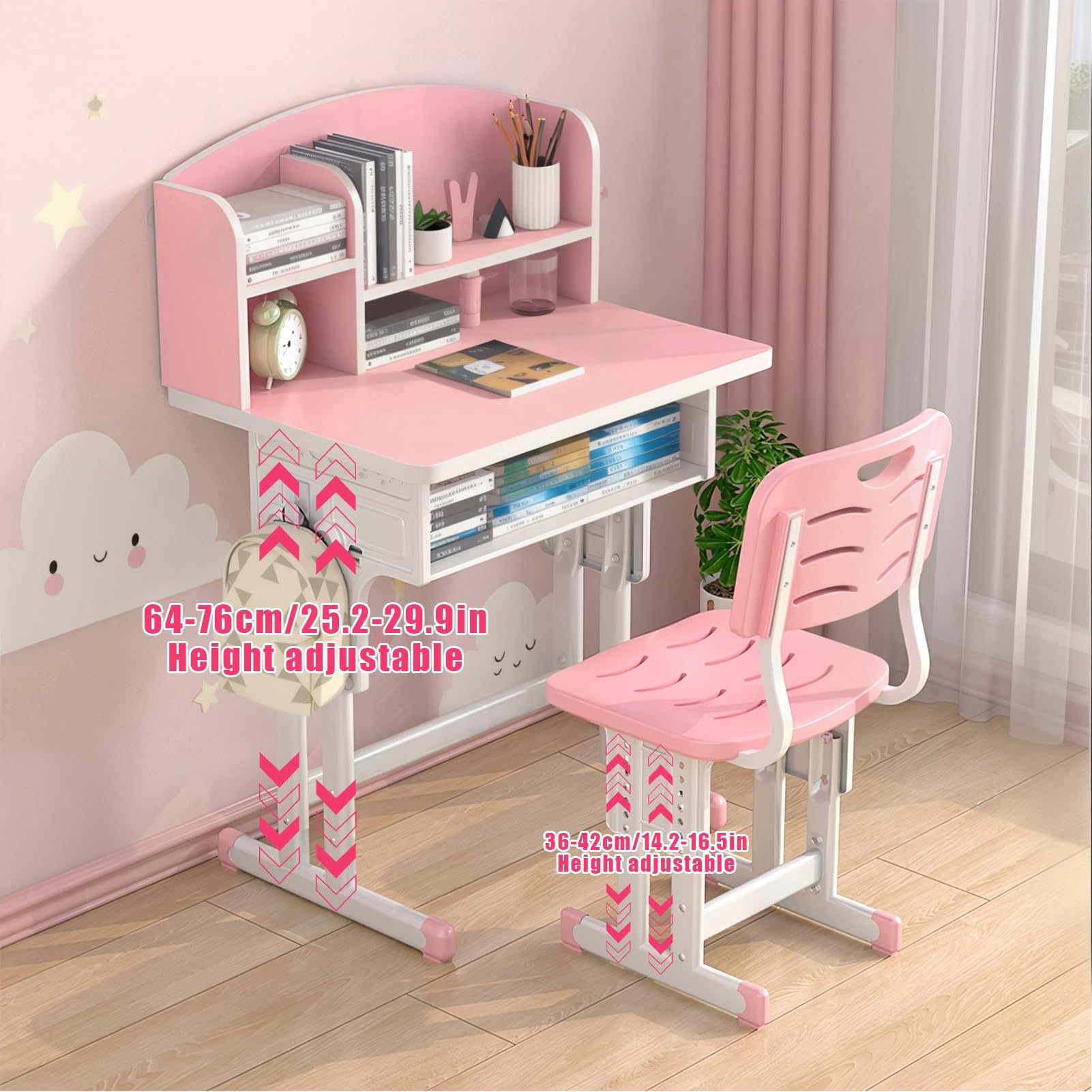 **Ergonomic Adjustable Kids Desk and Chair Set with Storage Drawer & Book Stand - 70cm Pink Study Desk for Home or School - Perfect for Homework, Reading & Online Learning**