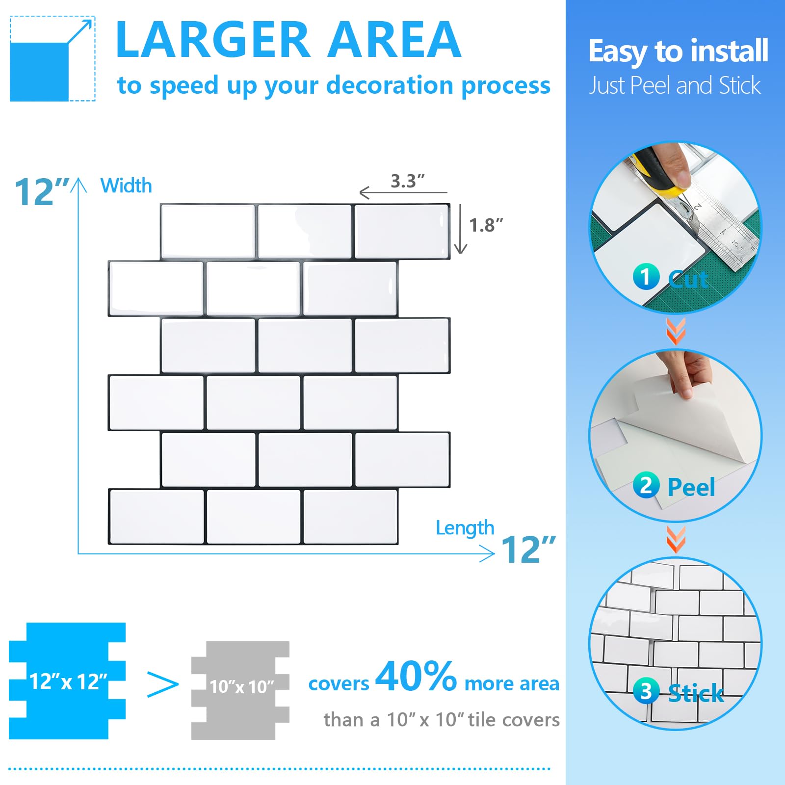 STICKGOO Peel and Stick Backsplash - White Subway Tile Self-Adhesive Wallpaper for Kitchen & Bathroom (5-Pack, Thick & Durable) - Easy DIY Home Renovation, Waterproof & Removable Backsplash Tiles