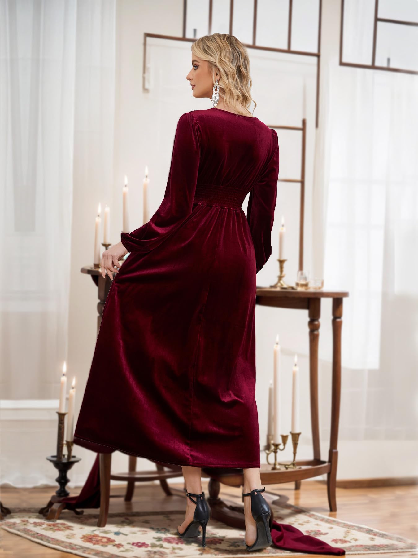 Elegant Women's Velvet Maxi Dress with V-Neck & Lace Trim - Smocked Waist Formal Wedding Guest Dress with Pockets | Perfect for Evening Parties, Bridal Showers & Special Occasions