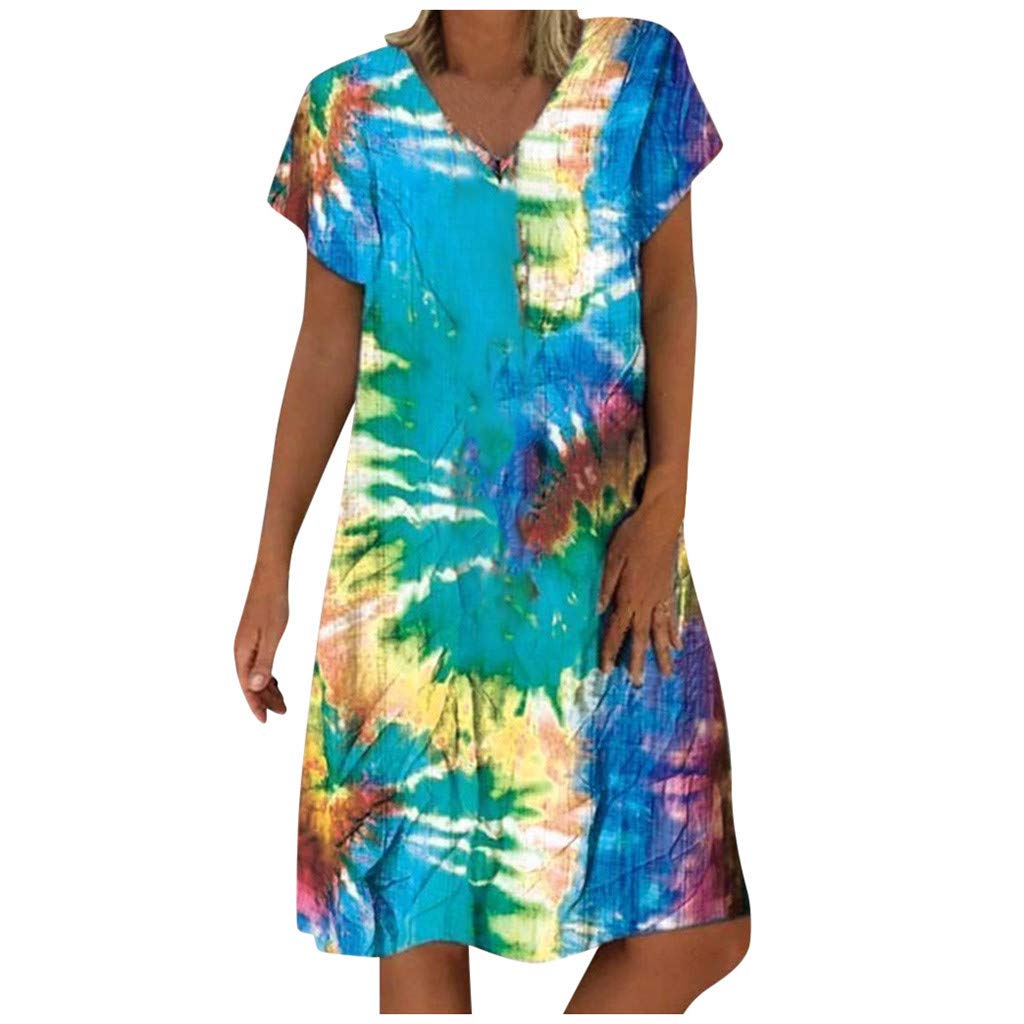 Fudule Women's Casual Summer Gradient Color Block Short Sleeve T-Shirt Mini Dress - Beach Loose Tunic Dress for Vacation, Party & Everyday Wear