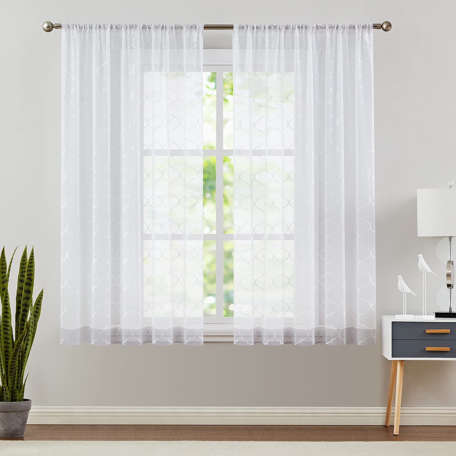 White Sheer Curtains for Living Room & Bedroom - Moroccan Tile Embroidered Window Drapes with Lattice Geometric Quatrefoil Design, Semi-Sheer Panels (Set of 2, 55x63 Inches) - Perfect for Boho Home Decor, Apartment Windows, and Cozy Interior Styling