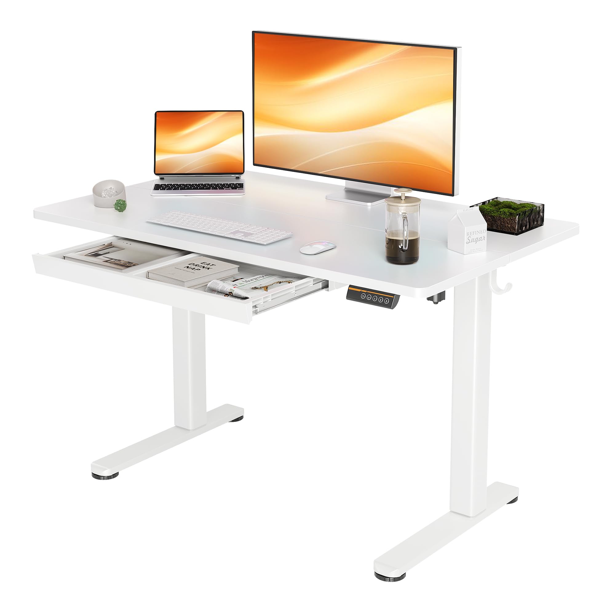 YDN 48 x 24 Inch White Electric Standing Desk with Drawers - Adjustable Height Computer Workstation for Home & Office - Ergonomic Sit Stand Desk for Working, Gaming & Studying