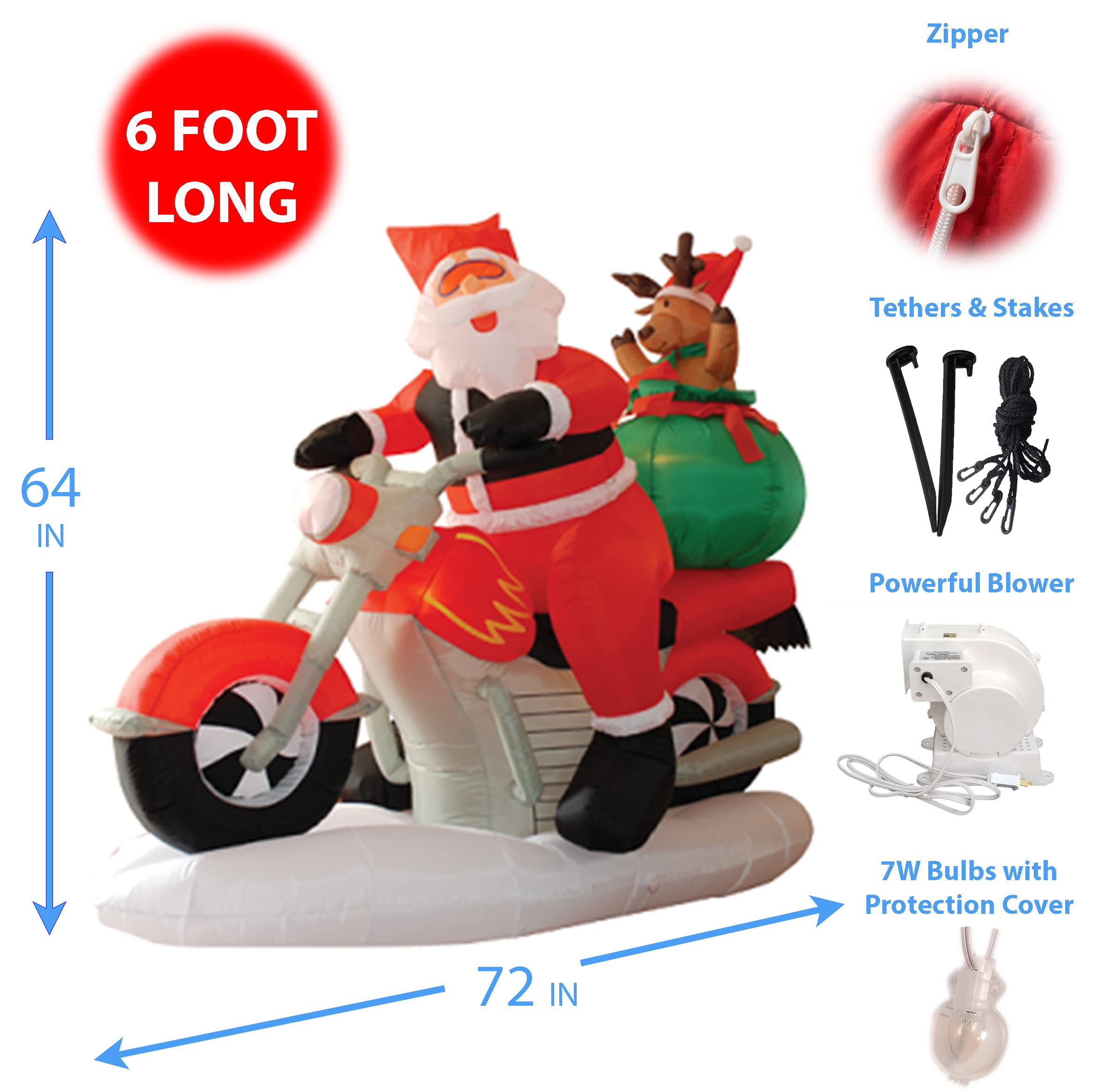 6ft Lighted Inflatable Santa Claus on Motorcycle & 5ft Snowman Campfire Set - Christmas Party Decorations Bundle with Reindeer & Marshmallow Roasting Scene for Outdoor Yard Decor