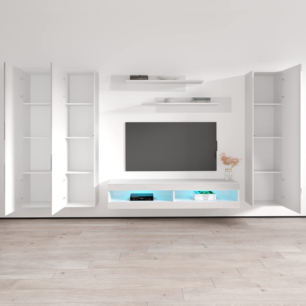 Modern White Wall-Mounted TV Stand with Storage Shelves & LED Lights - 34
