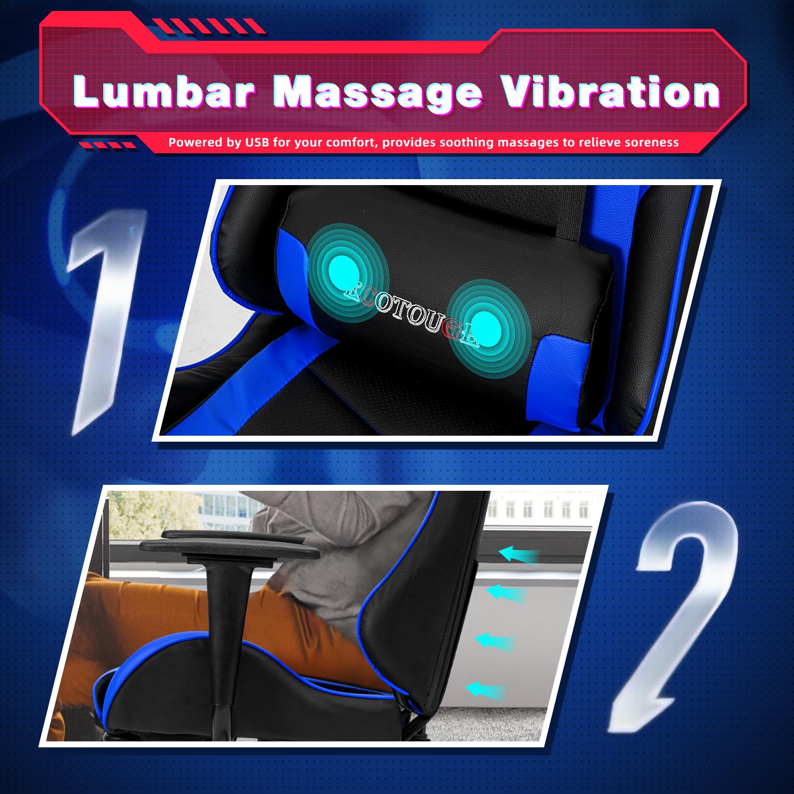Premium ECOTOUGE Ergonomic Gaming Chair - Adjustable Headrest & Lumbar Massage Pillow - PU Leather Racing Style Office Desk Chair with 360° Swivel & Recliner - Black & Blue - Perfect for Esports, Streaming & Home Office Workstations