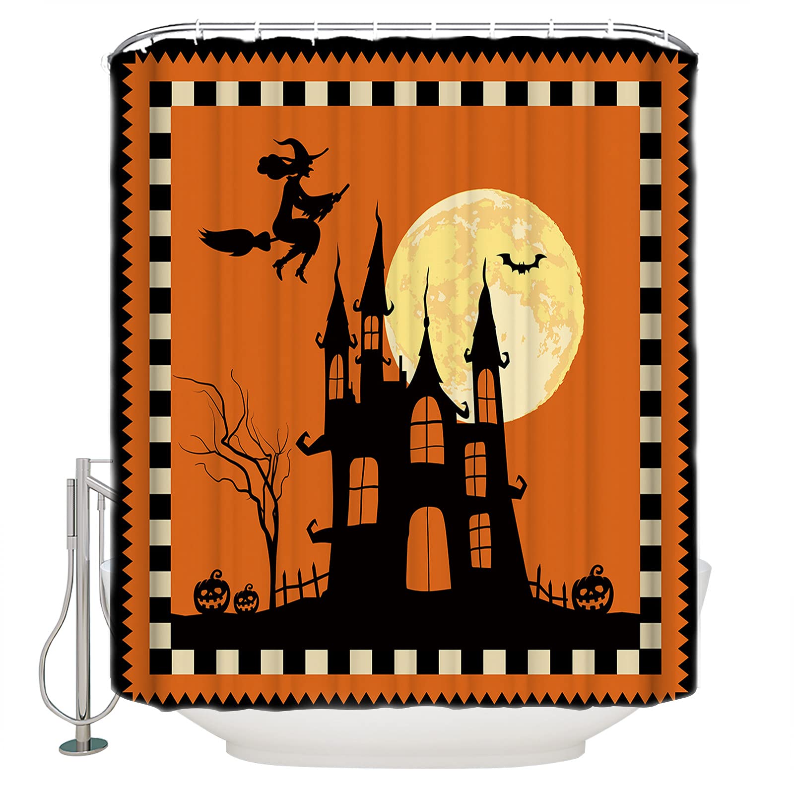Halloween Witch Flying to Moon Haunted House Bats Fabric Shower Curtain Set with Hooks - 72x72 Inch Waterproof Bathroom Decor for Spooky Bath, Halloween Party & Gothic Home Decor