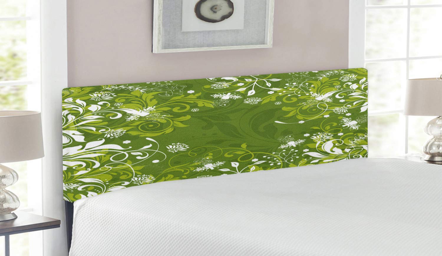 Ambesonne Queen Size Upholstered Headboard - Abstract Floral Design with Nature Inspired Branches & Leaves, Memory Foam Padding, Apple Green & Fern Green - Perfect for Bedroom Decor & Guest Room Makeover