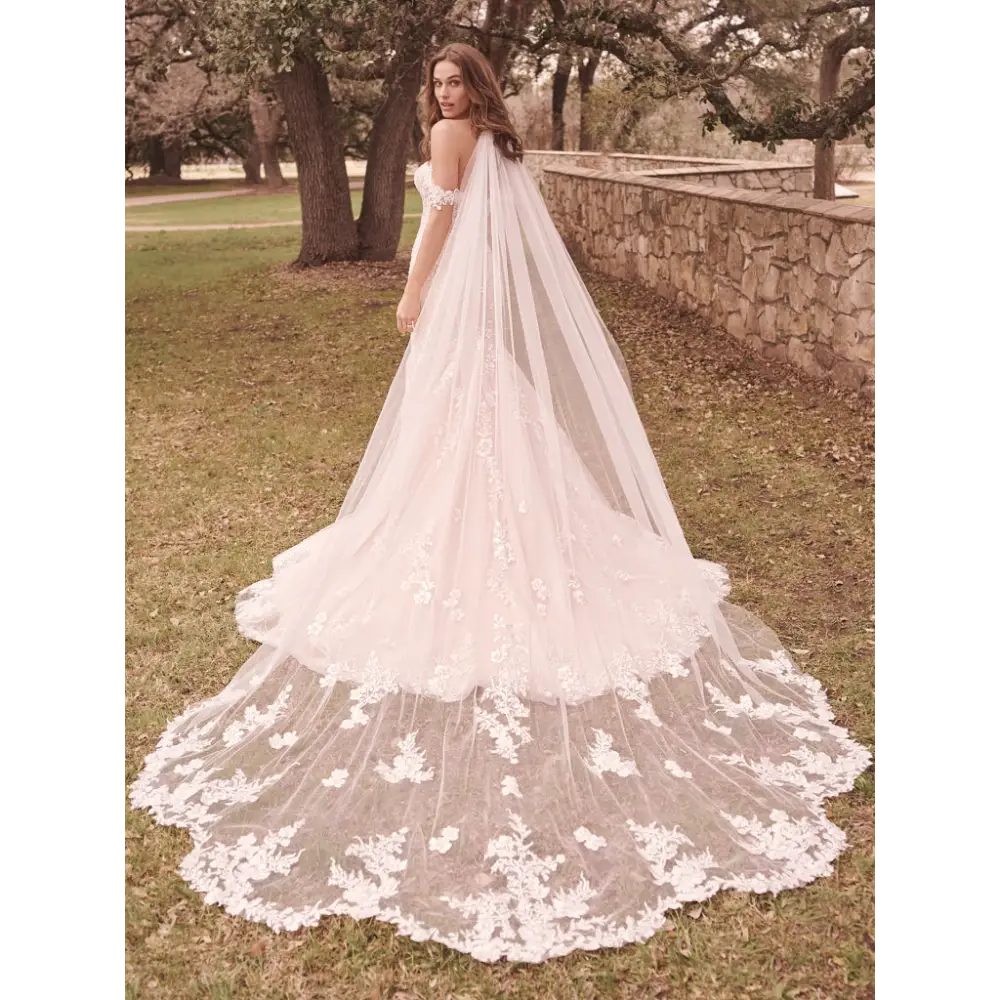 Maggie Sottero Lennon Wedding Veil - Elegant Cathedral Length Bridal Veil with Lace Trim for Romantic Ceremonies & Formal Weddings