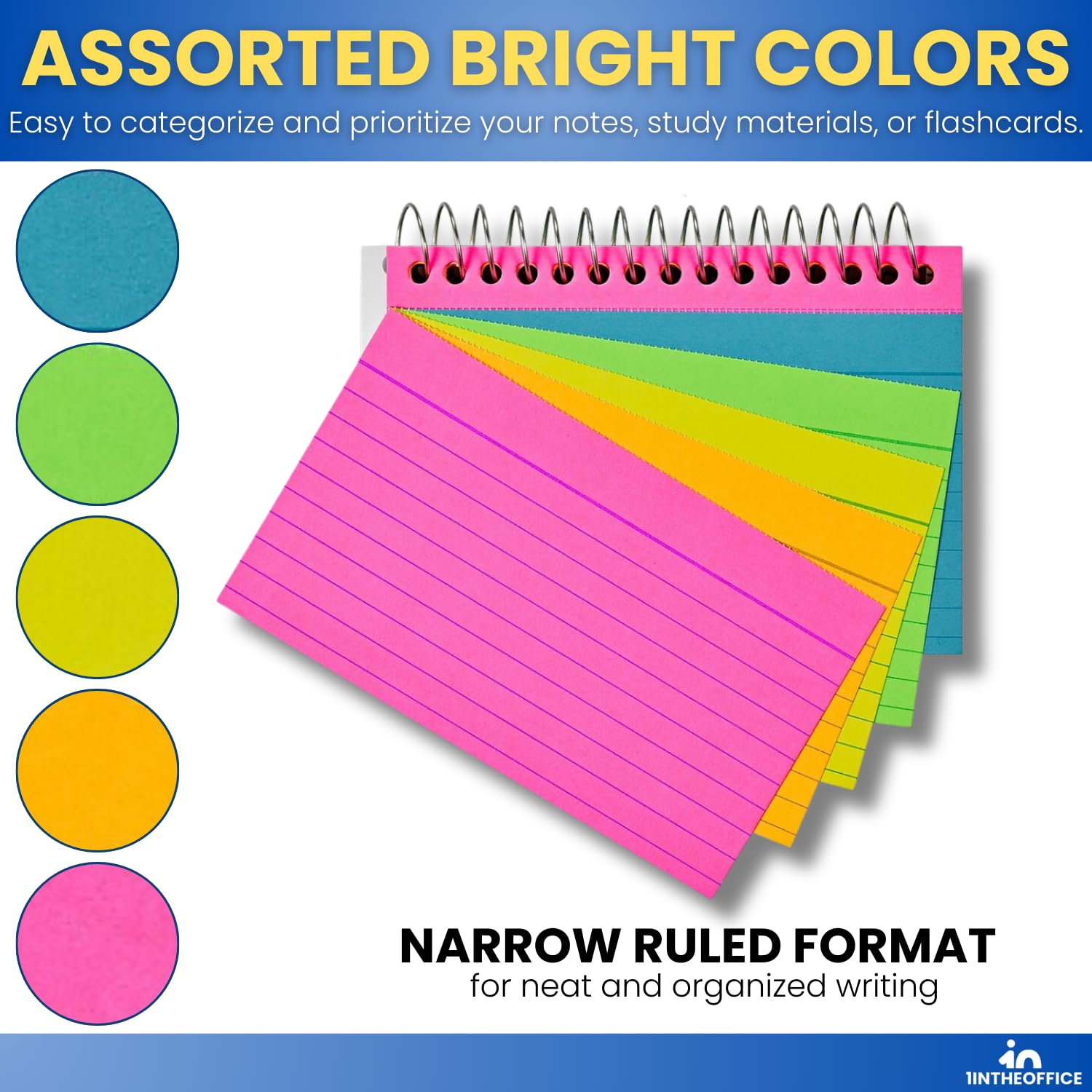 1InTheOffice Spiral Index Cards 3x5 Inches, Ruled Neon Note Cards Spiral Bound - 50 Cards/Pack, 2 Packs for School, Office & Study Organization | Colorful Flash Cards for Notes, Memos & Learning
