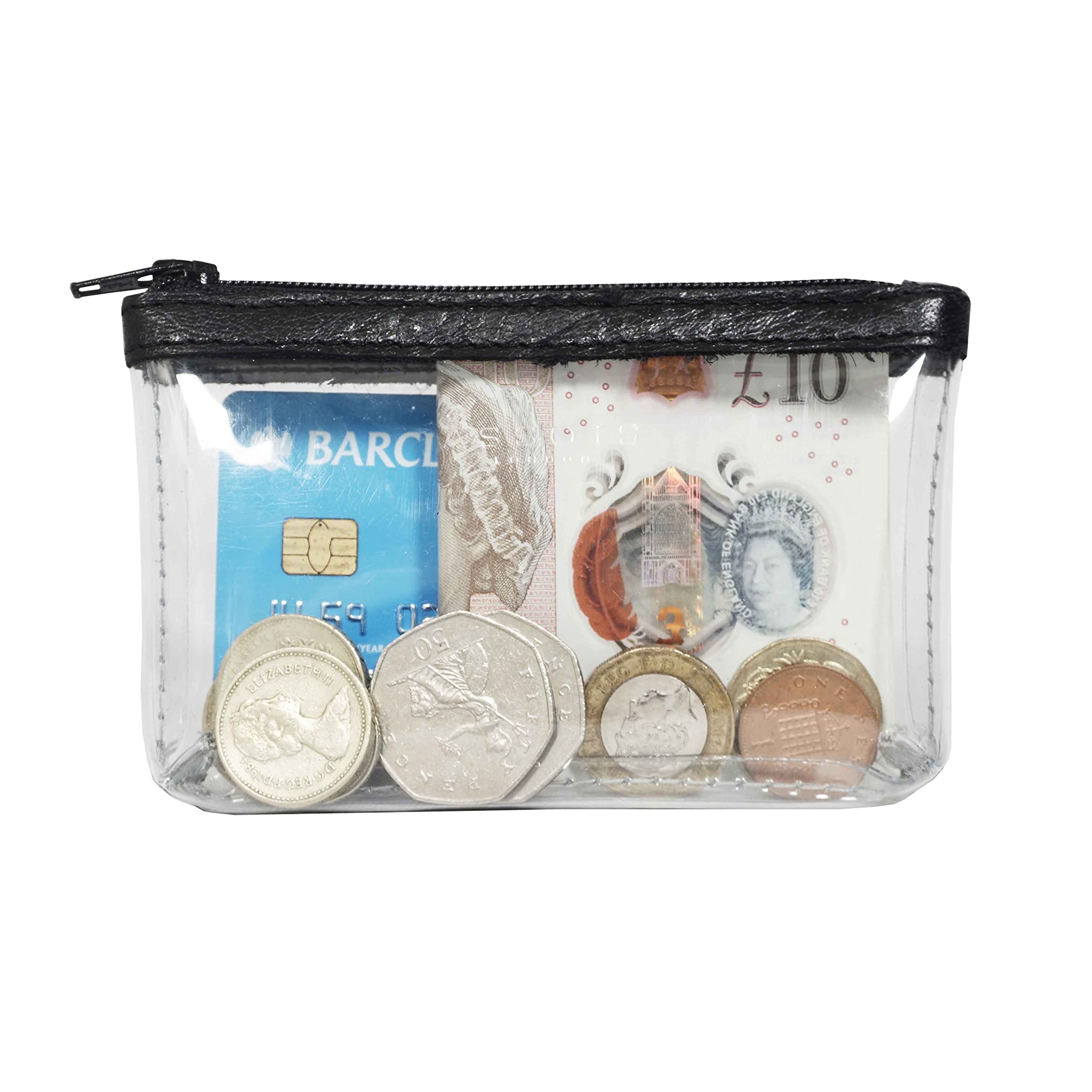Clear Transparent Coin Purse with Leather Trim - Zip Top Mini Wallet for Women | Perfect for Organizing Coins, Cards & Small Essentials | Fashion Accessory for Everyday Use, Travel & Shopping (Black)