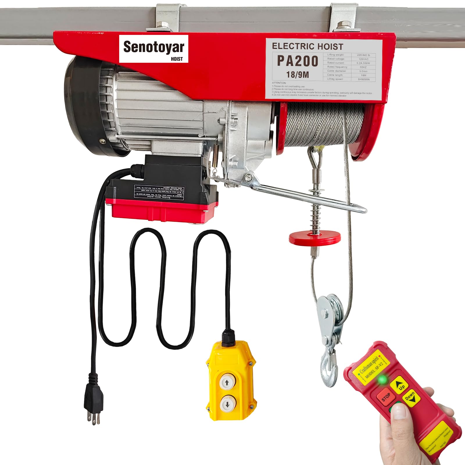 2 in 1 Electric Hoist Winch 440lbs Capacity with 98ft Wireless & Wired Remote Control - 110V Power, 59ft/29.5ft Lifting Height - Perfect for Garage, Warehouse, Factory, Construction & DIY Projects (Single/Double Slings Included)