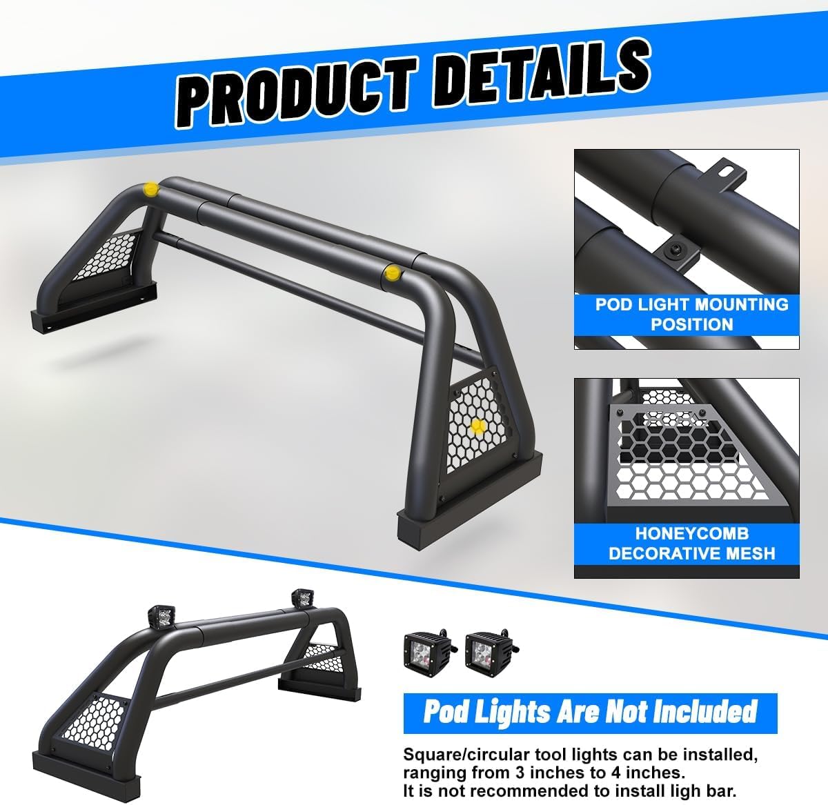 ROXX Universal Pickup Truck Roll Bars & Sport Chase Rack - Compatible with 2005-2025 Toyota Tacoma, 2004-2012/2015-2025 Chevy Colorado/GMC Canyon, 1994-2004 Chevrolet S-10 - Heavy Duty Off-Road Protection for Adventure & Work Trucks