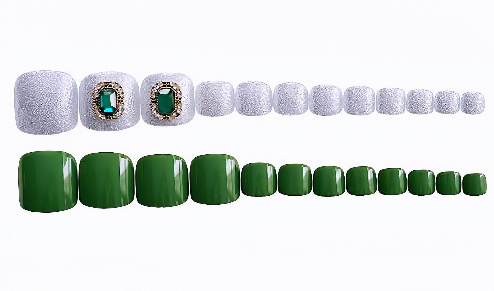 24pcs Short Fake Toenails for Women - Artificial Stick On Toe Nails Full Cover with Rhinestone Decorations (Green) | Perfect for Pedicures, Nail Art & Special Occasions