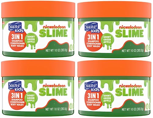 Suave Kids 3-in-1 Shampoo, Conditioner & Body Wash - Tear-Free Gooey Green Apple Scent, 10 oz (283.5g) Pack of 4 | Gentle Hair & Skin Care for Toddlers & Children | Perfect for Bath Time, Daily Hygiene & Travel