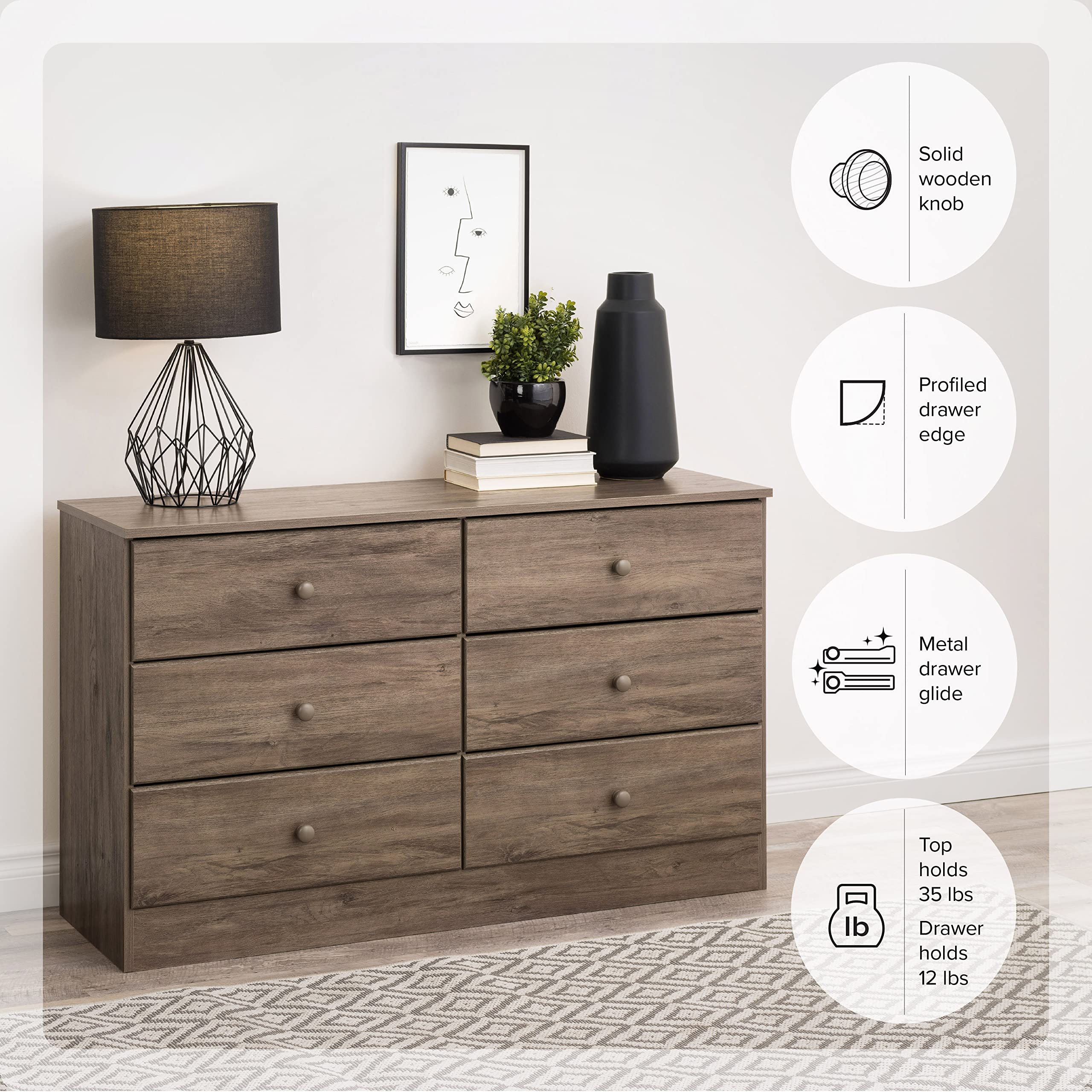 Prepac Astrid 6-Drawer Dresser - Modern Bedroom Storage Chest, 15.5