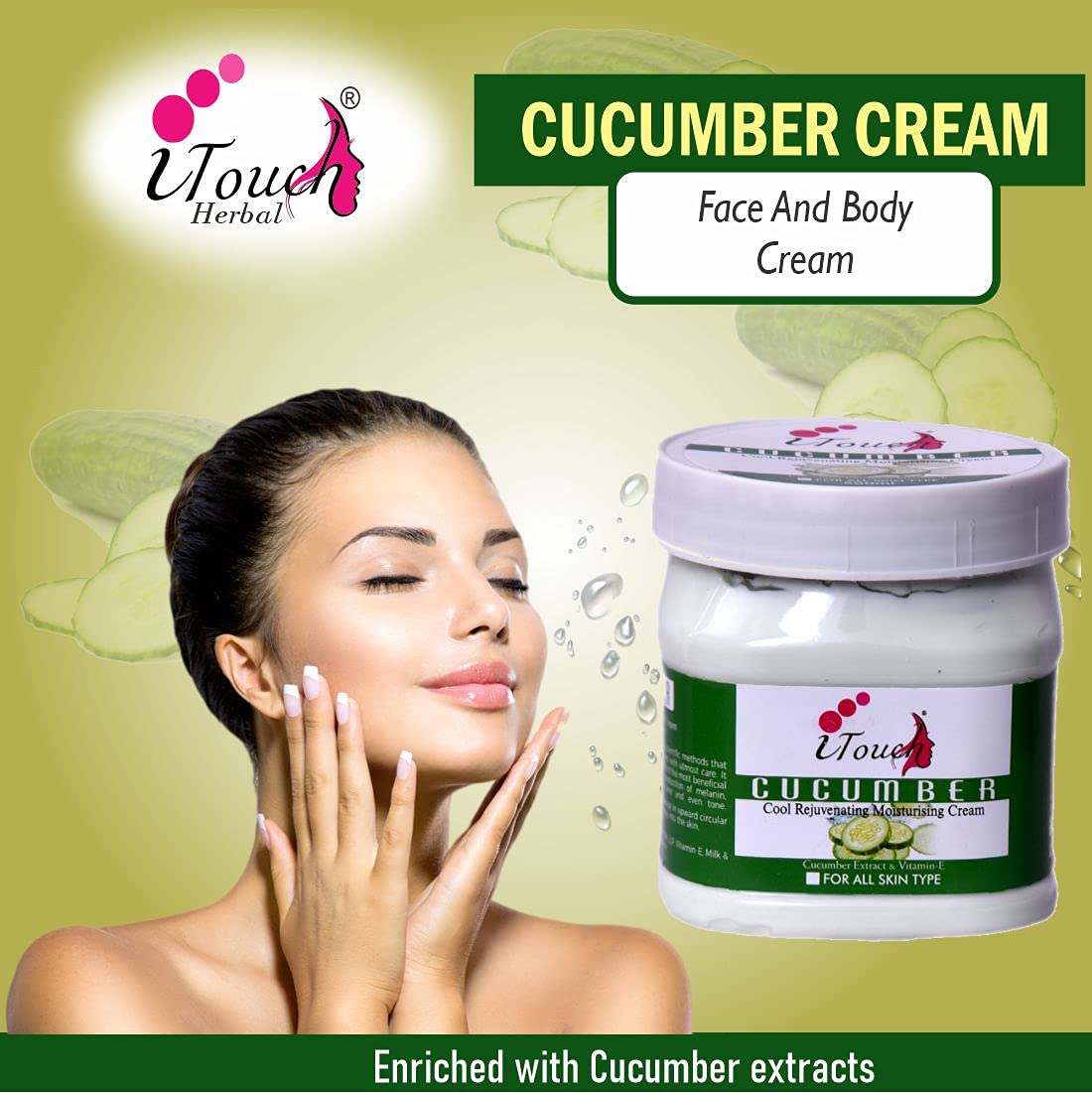 I TOUCH HERBAL Cucumber Cream for Face & Body - Moisturizing, Whitening & Brightening Cream | Softening & Nourishing Facial & Body Lotion (500ml) | Perfect for Dry Skin, Day & Night Hydration