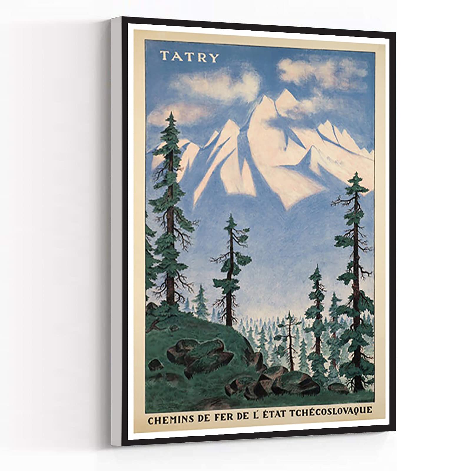 BLACK WALL DECOR - Rustic Bathroom & Bedroom Home Decor - 12''x18'' Framed Modern Canvas Wall Art with Tatry Mountains Slovakia Travel Poster Retro Print - Perfect for Living Room, Office & Dorm Decoration