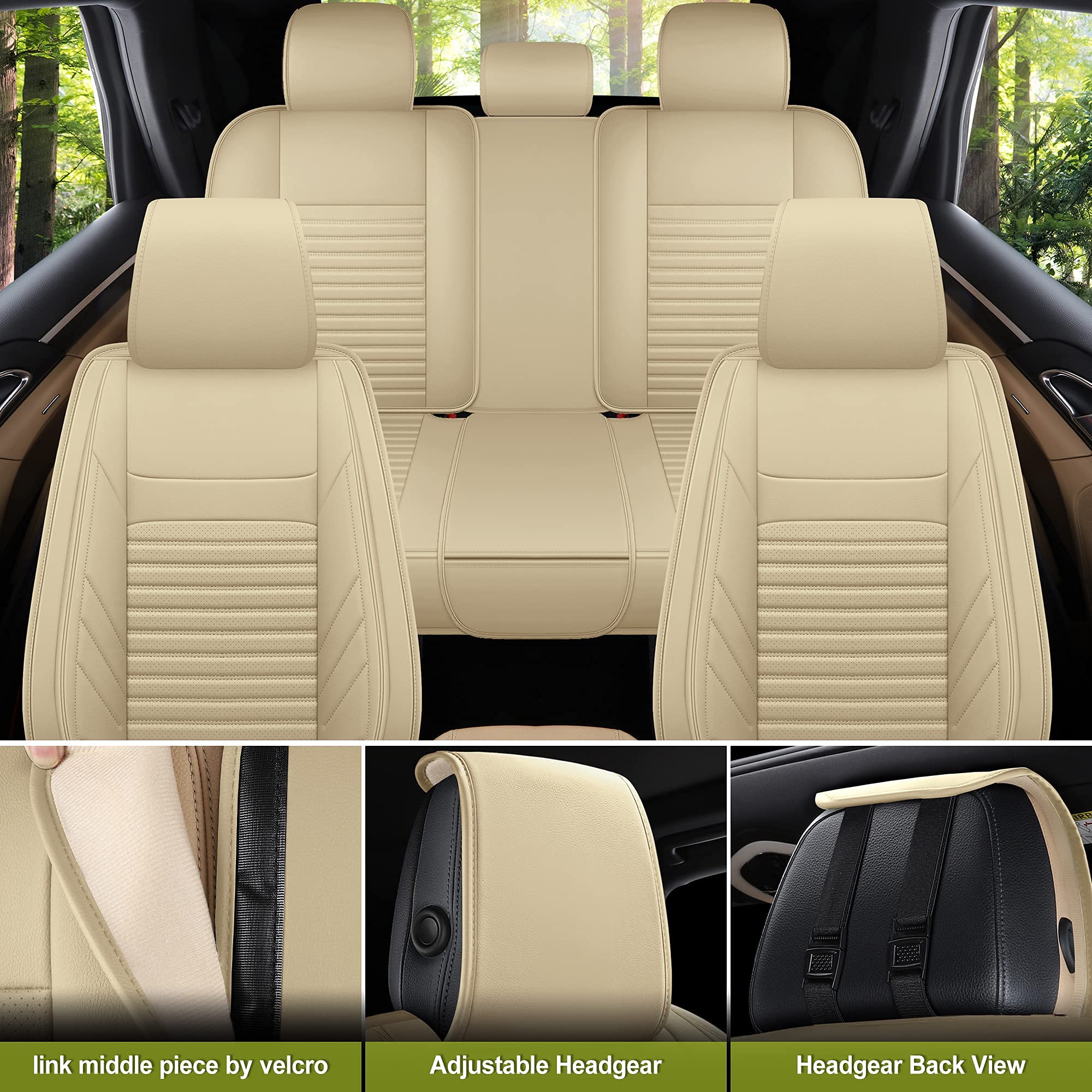 Premium AOOG Leather Car Seat Covers - Universal Fit Leatherette Seat Protectors for Cars, SUVs & Trucks | Non-Slip Auto Interior Accessories (Full Set, Beige) | Perfect for Road Trips, Commuting & Family Protection