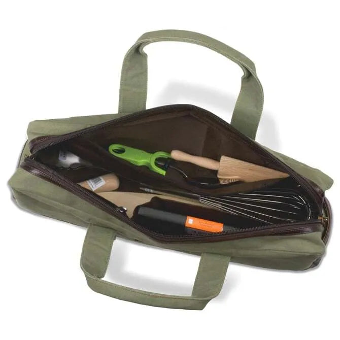 Boldric Chef Carryall Tote Bag - Green Canvas with Brown Leather Trim - Durable & Stylish for Kitchen, Grocery Shopping & Travel