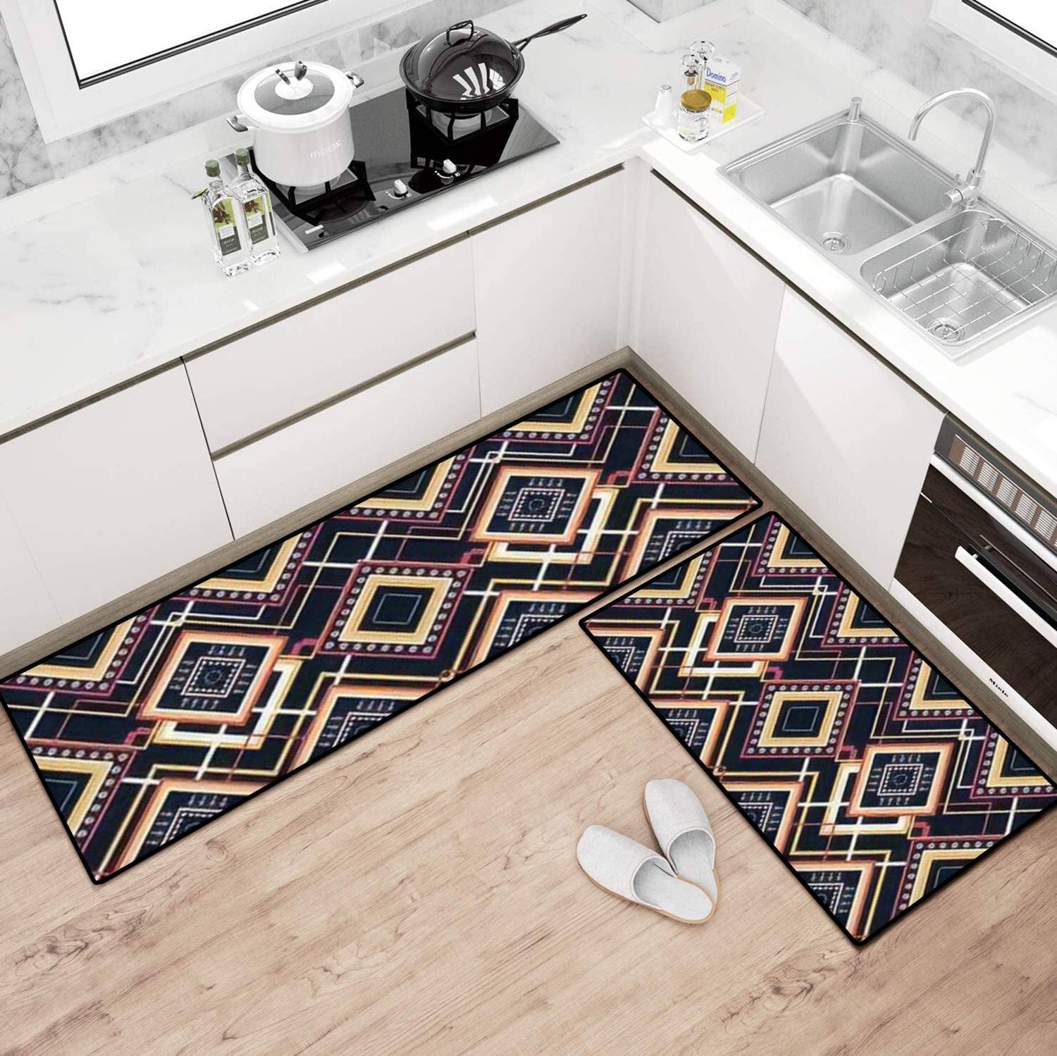 Non-Slip Washable Kitchen Rugs Set - Geometric Ethnic Oriental Ikat Design Floor Mats, Anti-Fatigue Standing Mats for Kitchen Runner, Doormat & Bathroom Decor - Perfect for Home, Apartment & Office Use