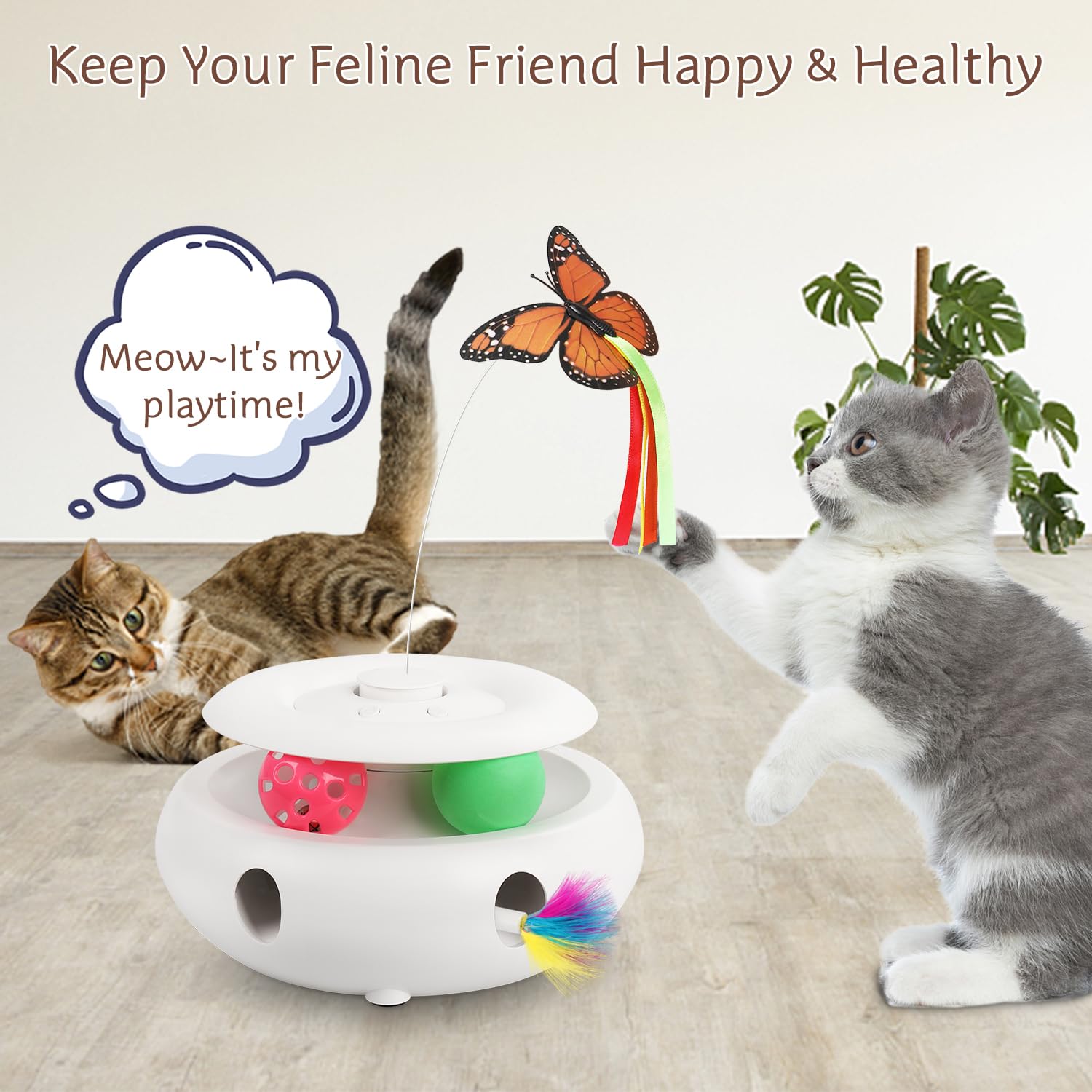 Interactive Cat Toys for Indoor Cats - 3-in-1 USB Rechargeable Electric Kitten Toy with Ambush Feather, Fluttering Butterfly & Track Balls - Exercise & Play for Active Cats - Perfect for Playtime, Training & Bonding with Your Feline Friend