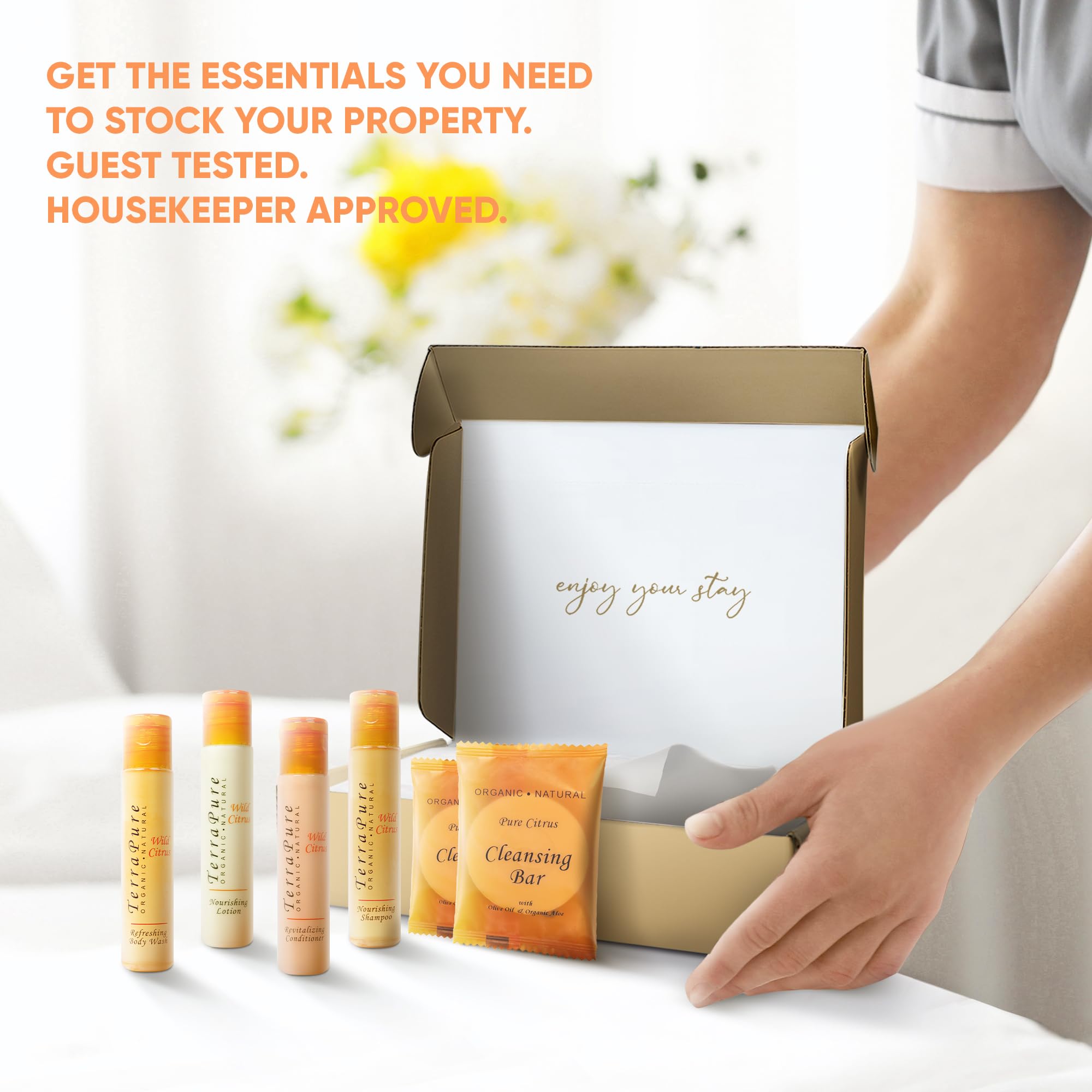 Terra Pure Travel Amenity Kit - 1 oz Shampoo, Conditioner, Body Wash, Lotion, 2 Soap Bars, Shaving & Dental Set, Makeup Remover Wipes | 15-Piece Hospitality Set for Hotels, Spas, Airlines & Guest Amenities
