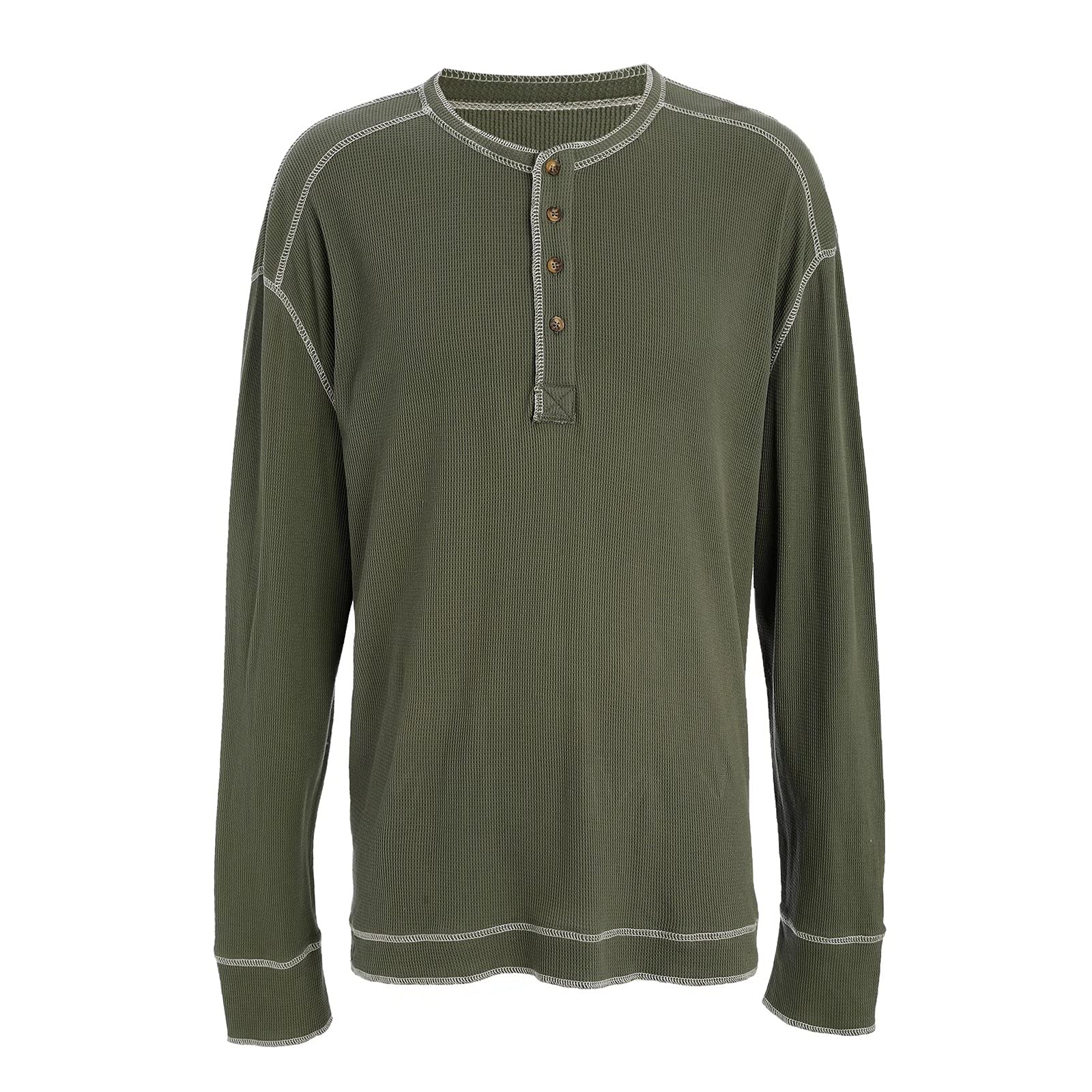 OTIC Men's Cotton Long Sleeve Henley Shirt - Waffle Textured Button Placket, Loose Fit Casual T-Shirt in Green | Perfect for Outdoor Activities, Layering & Everyday Wear