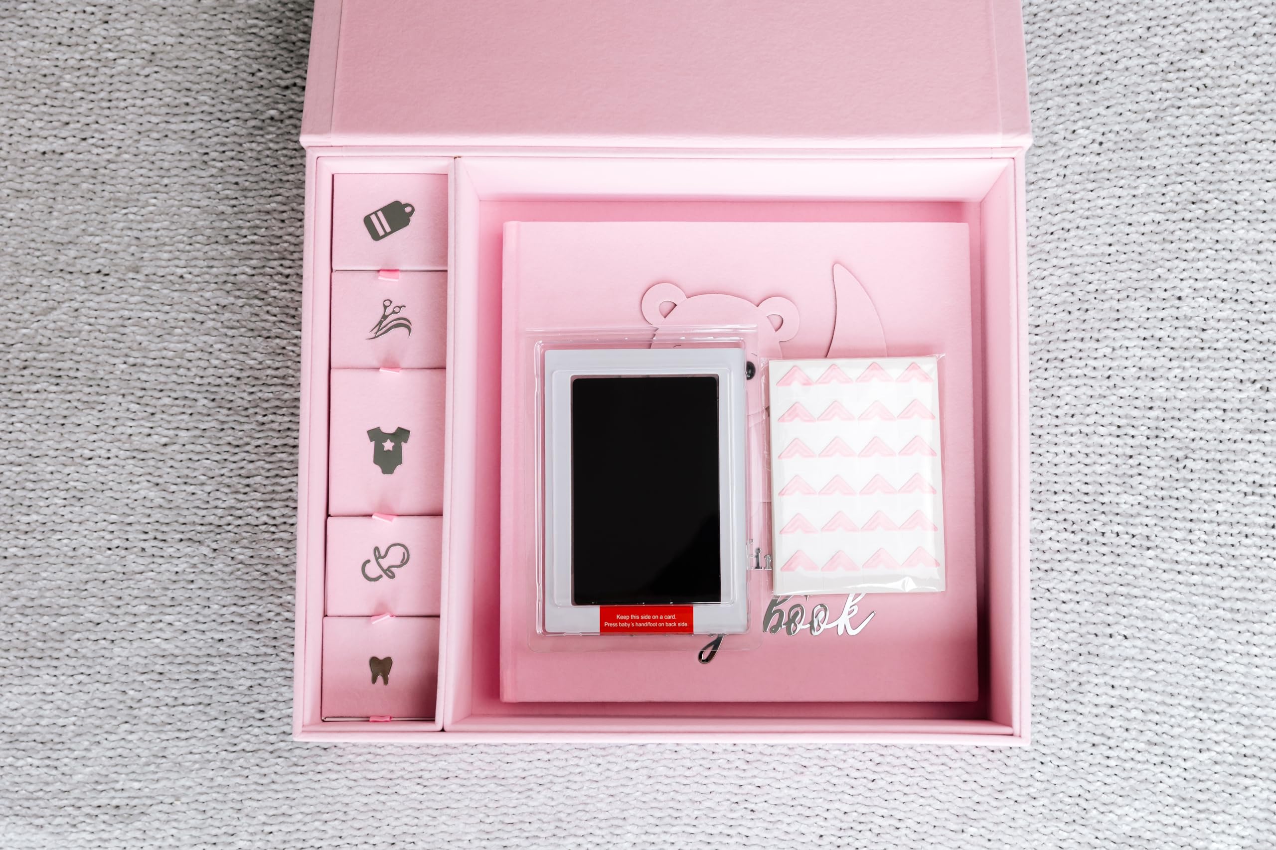 Handmade Baby Memory Book & Photo Album with Keepsake Box - Newborn First Year Scrapbook, Footprint Kit Included - Perfect for Baby Shower Gifts & Milestone Tracking (Teddy Bear Girl, Pink)