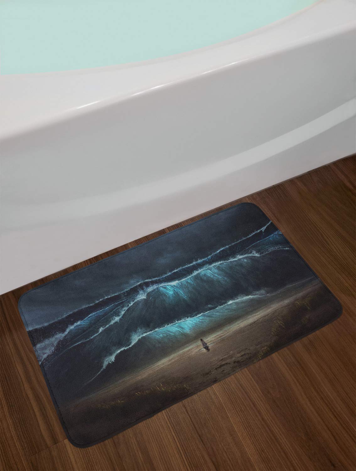 Ambesonne Non-Slip Plush Bath Mat - Gothic Ocean Wave Print with Woman Standing on Beach, 30.2 x 20 Inches, Taupe & Cadet Blue - Soft Bathroom Rug for Coastal & Gothic Home Decor, Perfect for Bathrooms, Vanities and Spa Areas
