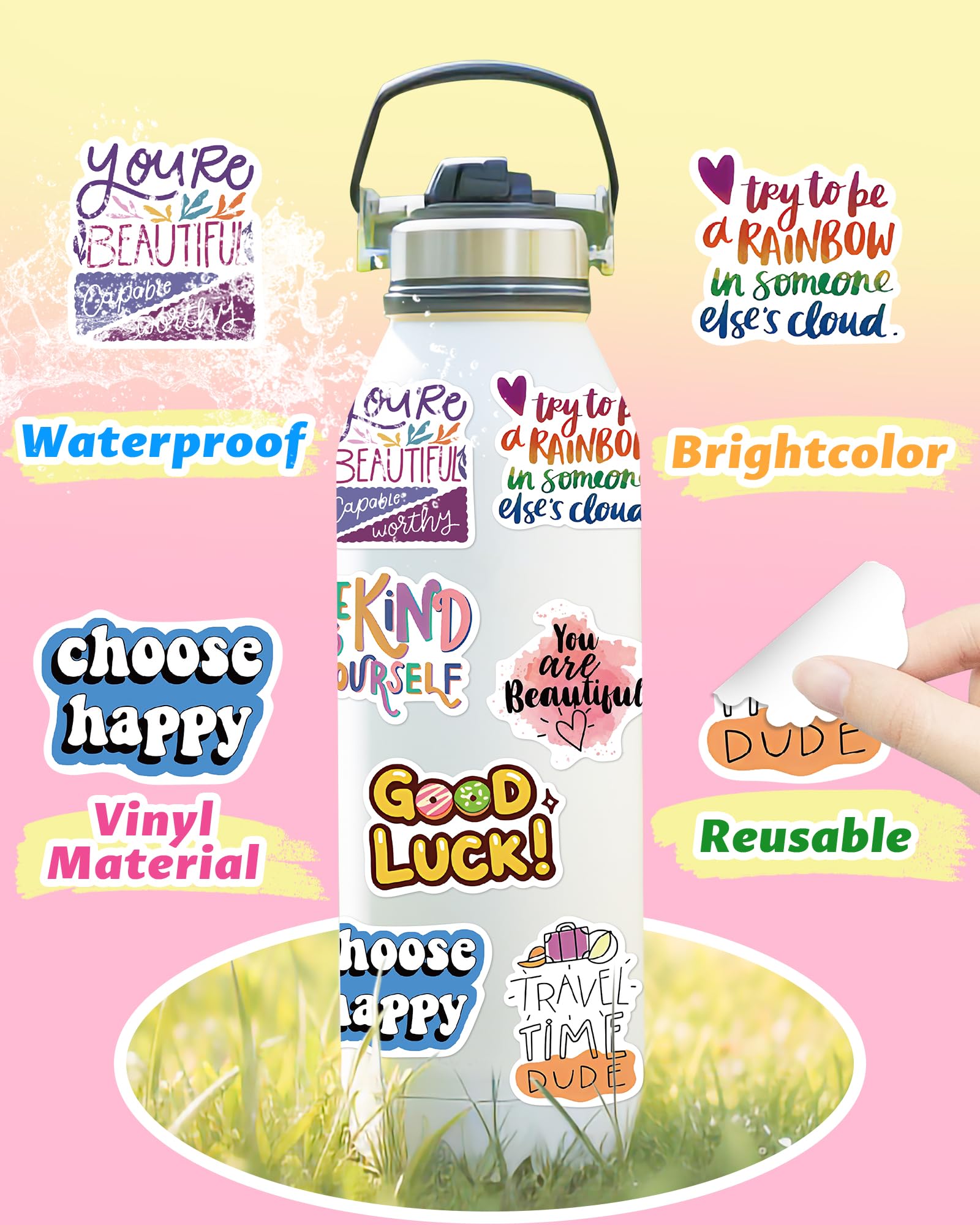 100 Pcs Motivational Stickers for Adults & Kids - Inspirational Water Bottle, Laptop & Vision Board Vinyl Stickers - Positive Affirmation Scrapbook Supplies for Mental Health - Perfect for DIY Journals, Planners & Self-Care Projects