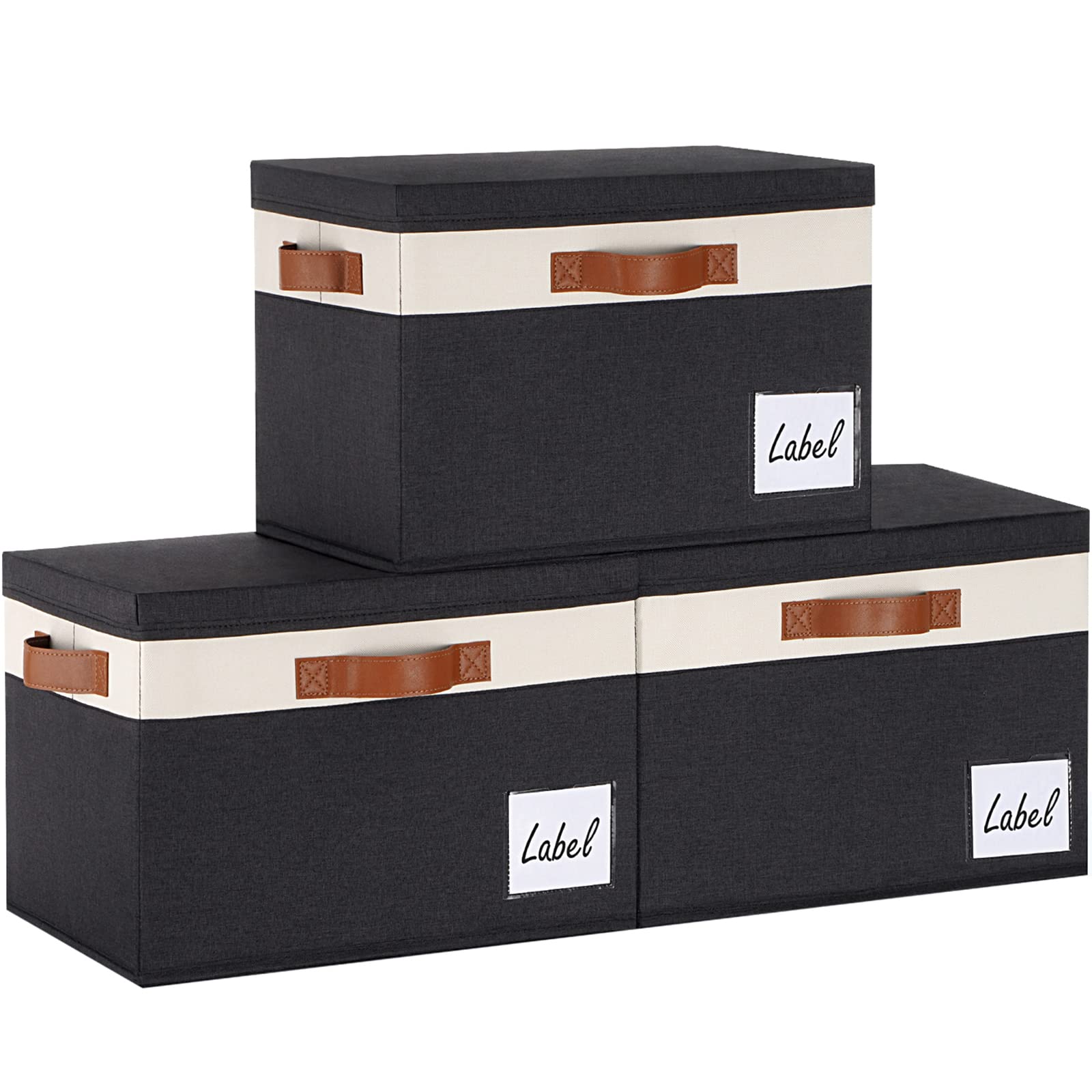 Extra Large Foldable Storage Bins with Lids - 32L Fabric Storage Baskets with 3 PU Handles & Labels - Sturdy Closet Organizer for Bedroom, Office, Laundry Room (3 Pack, Black & White) - Perfect for Seasonal Clothes, Toys, Blankets & Home Organization