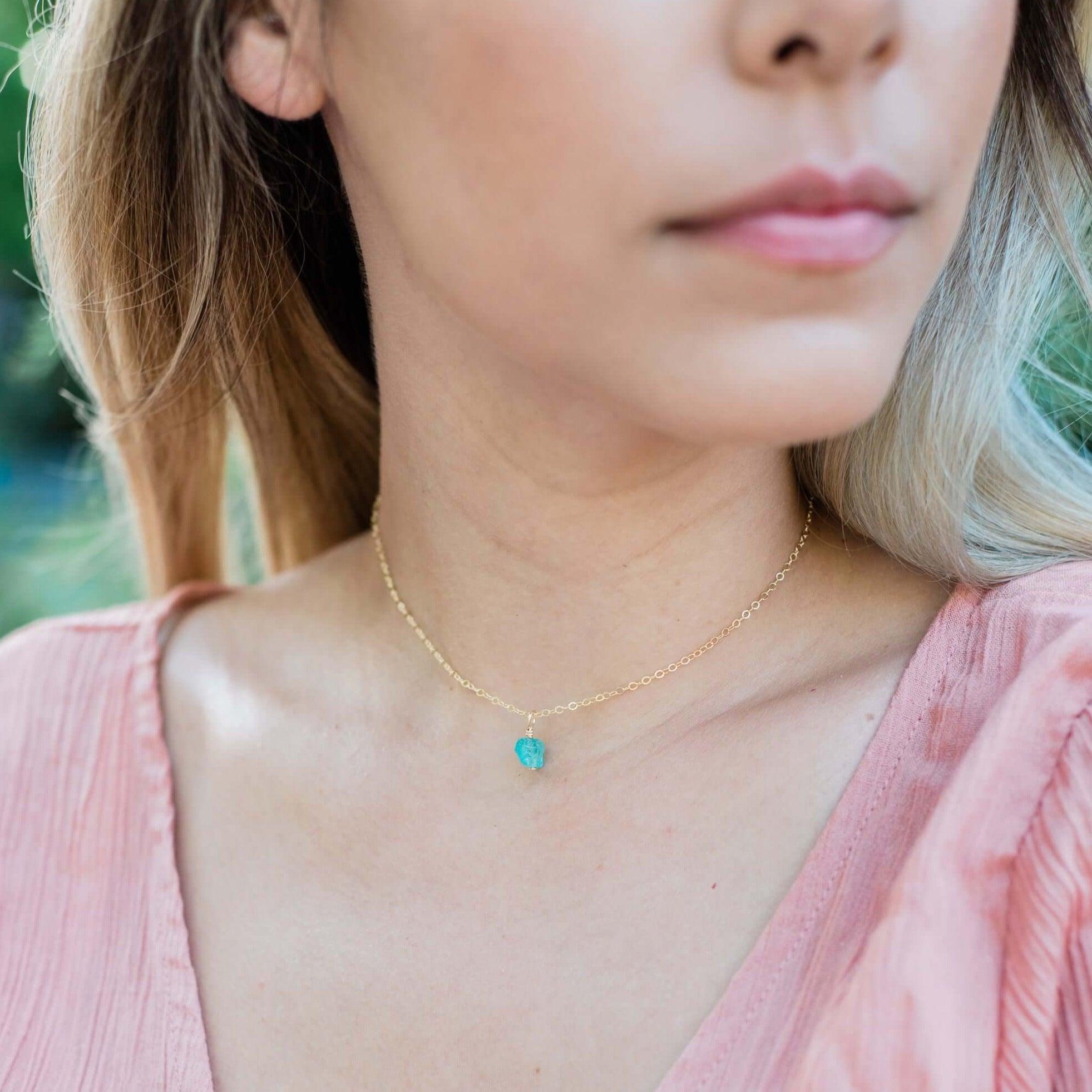 Tiny Rough Apatite Gemstone Pendant Choker Necklace - Natural Blue Green Stone Jewelry for Women, Boho Style Layering Chain - Perfect for Everyday Wear, Gift Giving & Spiritual Healing