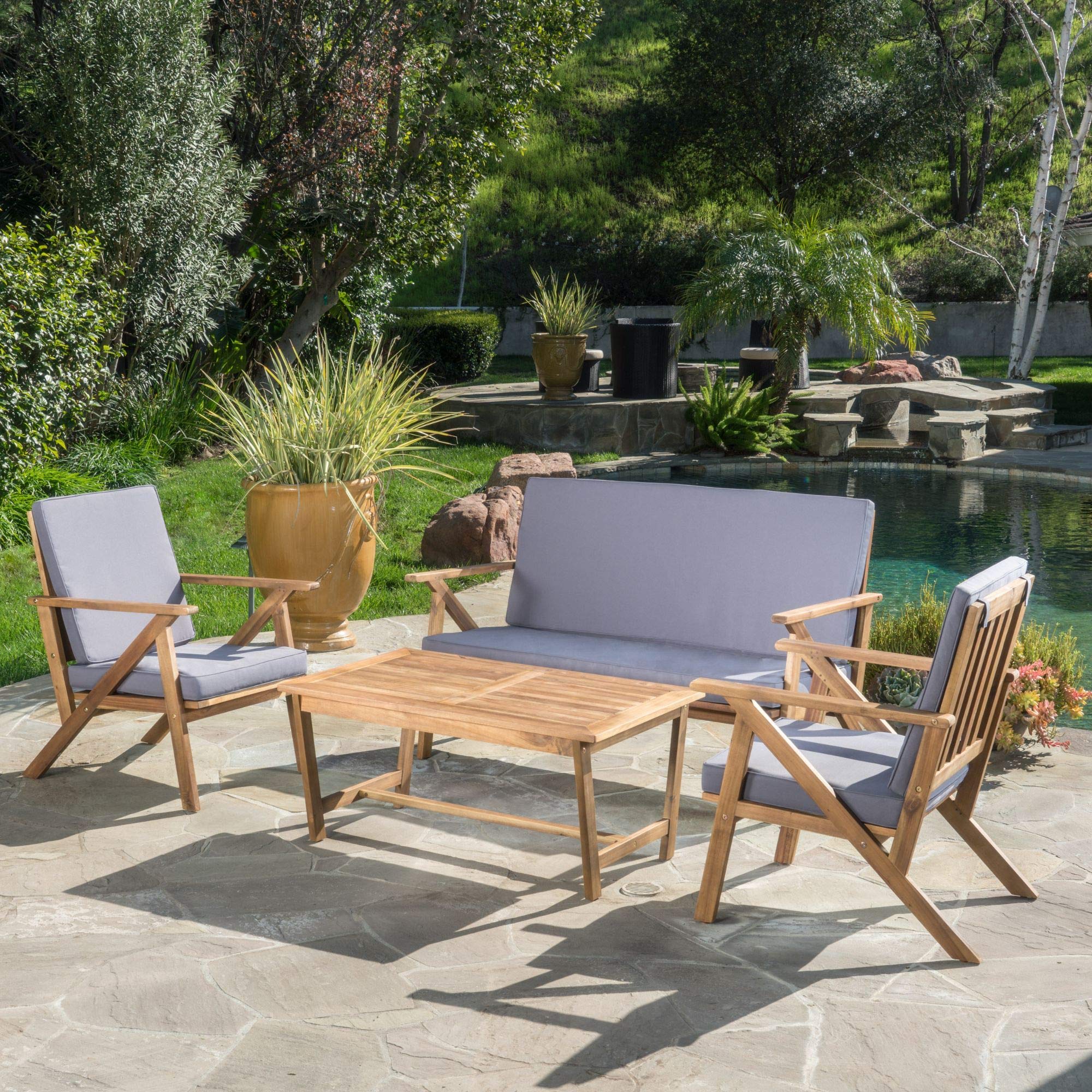 4-Piece Teak Brown Wicker Outdoor Patio Furniture Set with Gray Cushions - Contemporary Rattan Conversation Set for Garden, Poolside & Backyard Relaxation