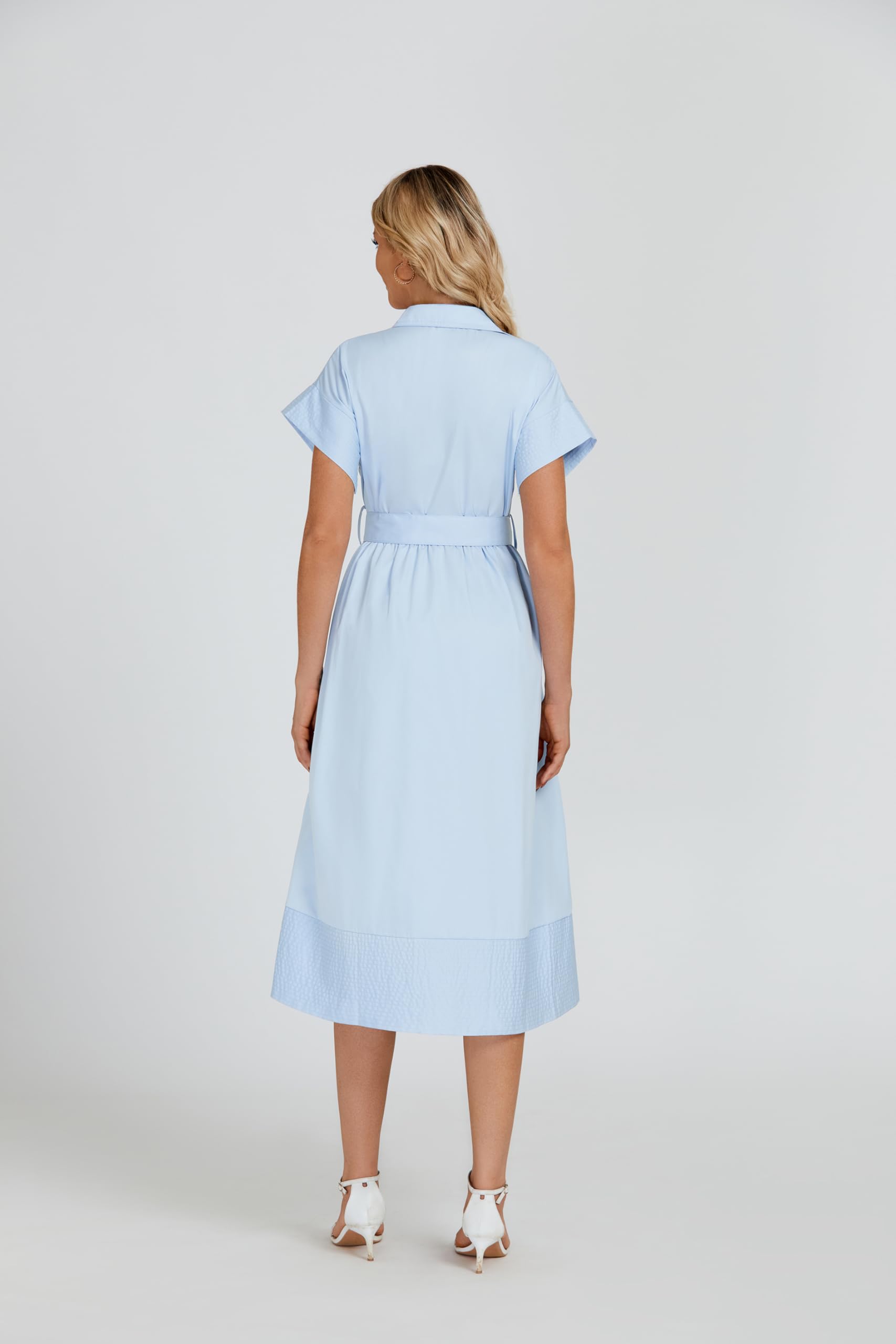 Stylish Women's Casual Button Down Shirt Dress with Short Wing Sleeves & Belt | Elegant Business Midi Dress in Light Blue | Perfect for Office Wear, Summer Outfits & Casual Occasions