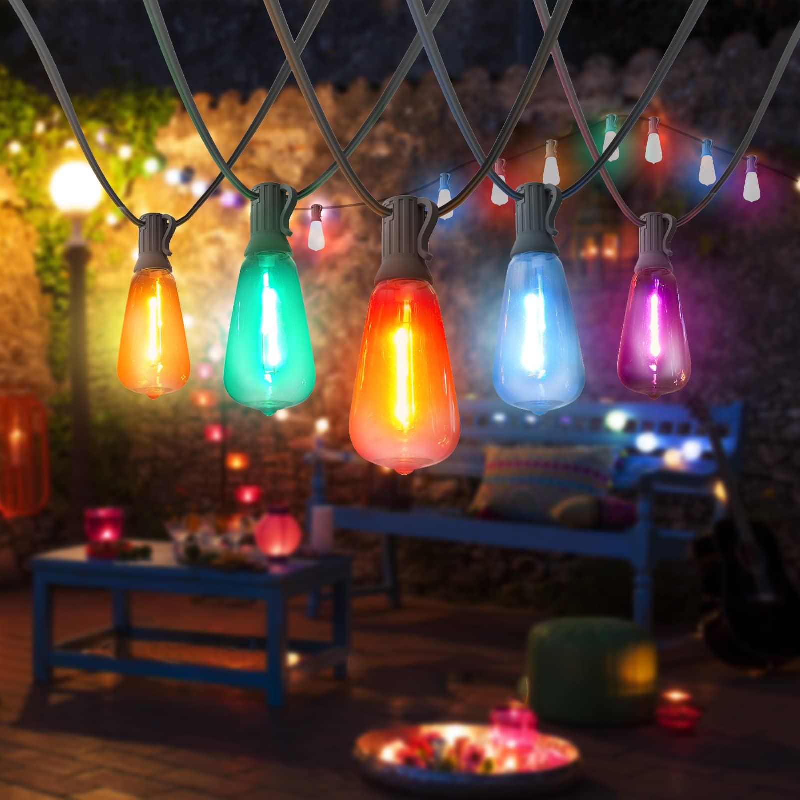 100FT LED Multicolor Outdoor String Lights - 50+2 ST38 Edison RGB Patio Lights for Garden, Backyard, Wedding & Party Decor
