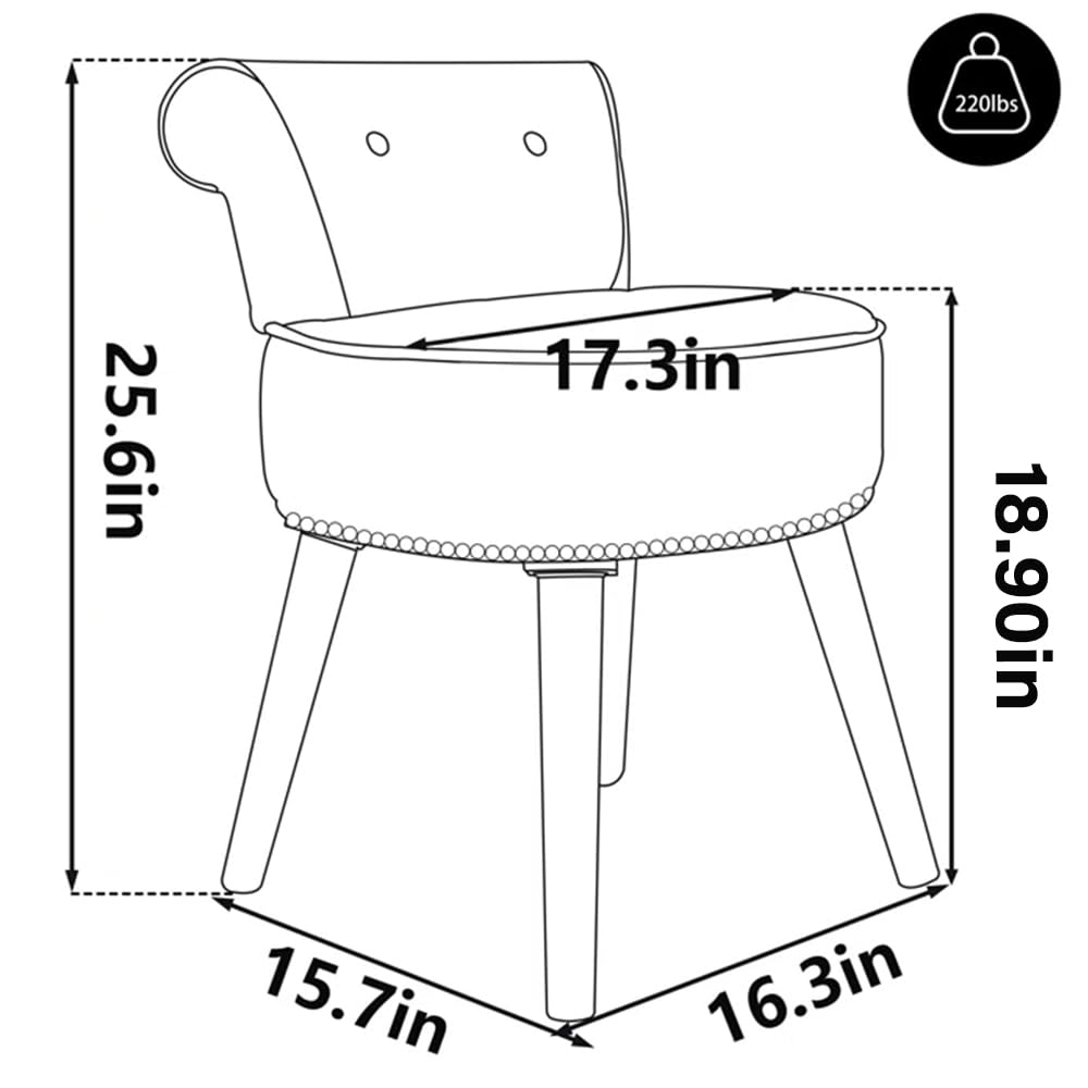 White Velvet Vanity Stool with Back - Tufted Makeup Chair for Women, Small Accent Chair for Dressing Table, Perfect for Bedroom Vanity, Boudoir & Beauty Salon