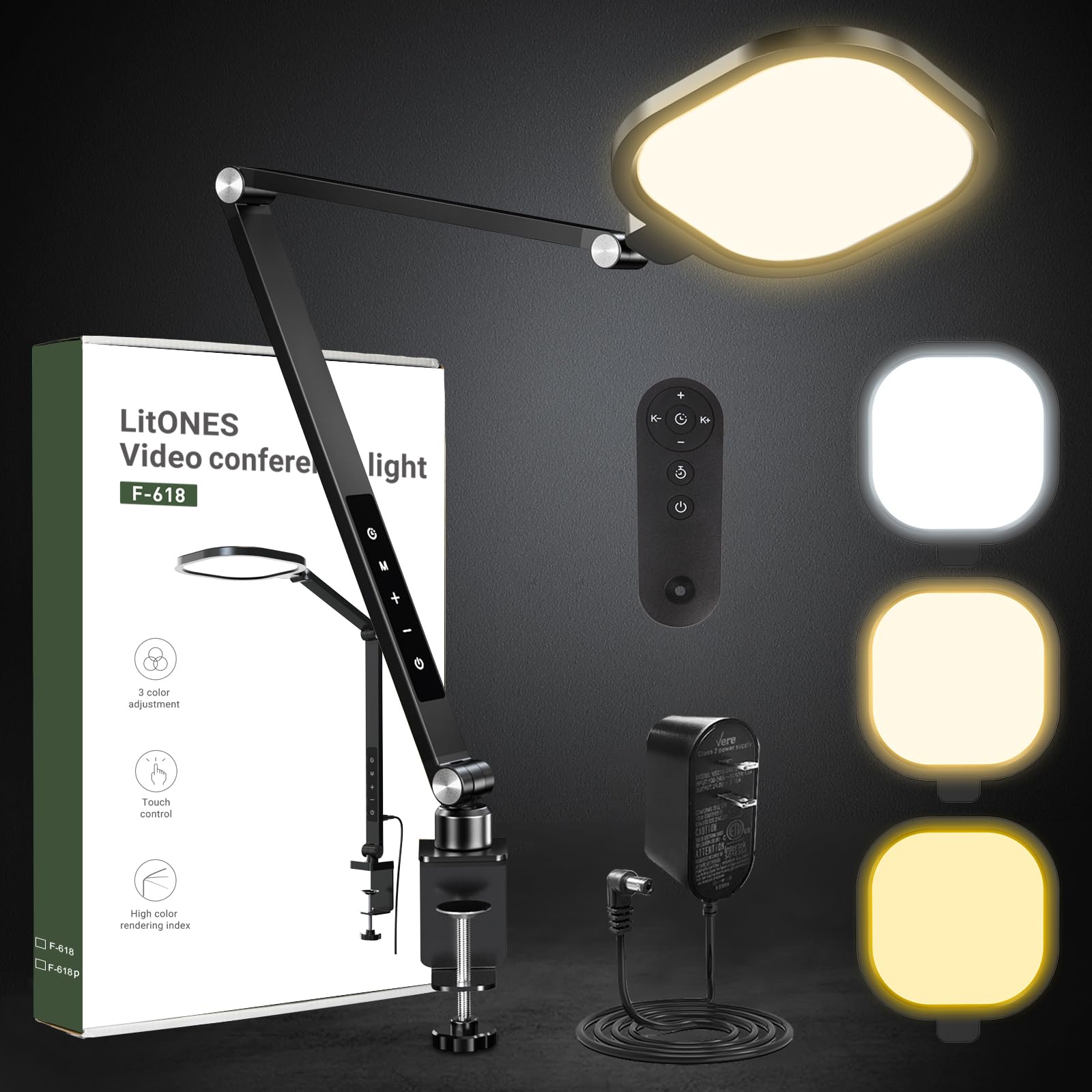 Professional Dimmable LED Video Conference Light for Computer - 15W Swing Arm Desk Lamp with C-Clamp, Remote, Memory & Timer (CRI>95) - Perfect for Zoom Meetings, Home Office, Webcam Lighting & Online Classes