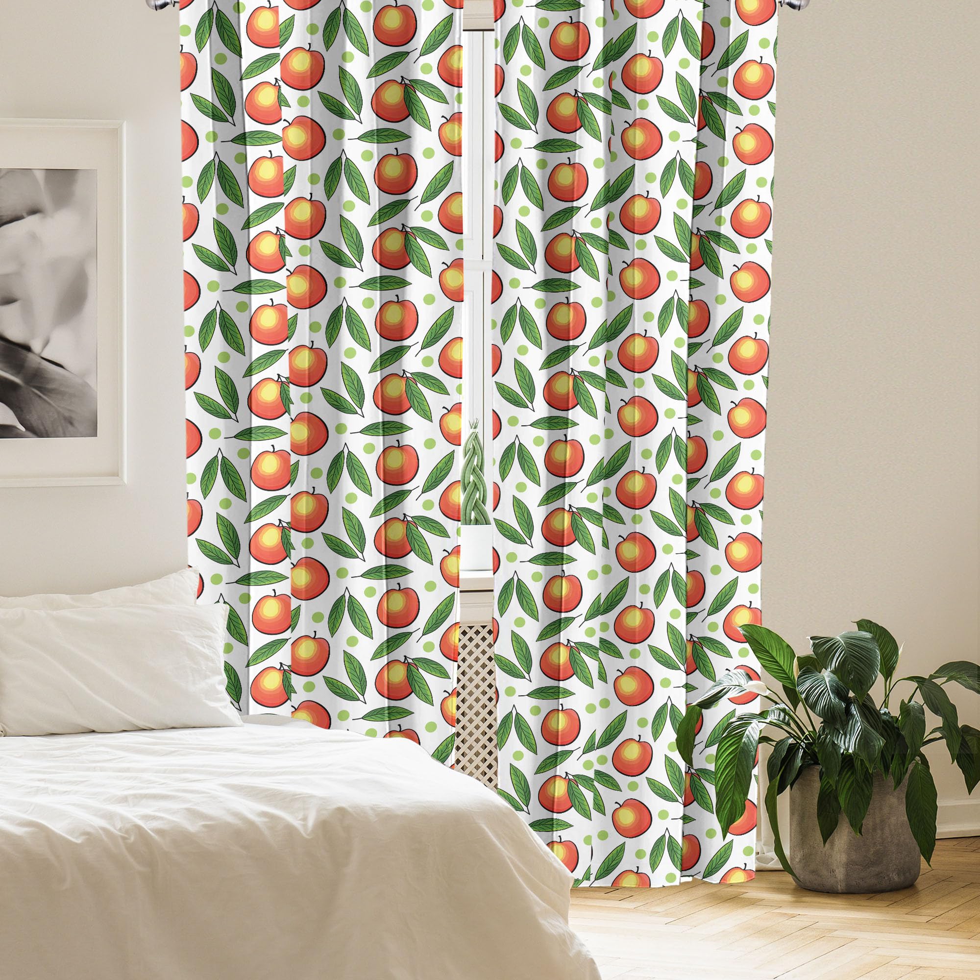 Ambesonne Fruits Curtains - Peach & Leaf Pattern with Polka Dots on White Background, 2 Panel Set (28
