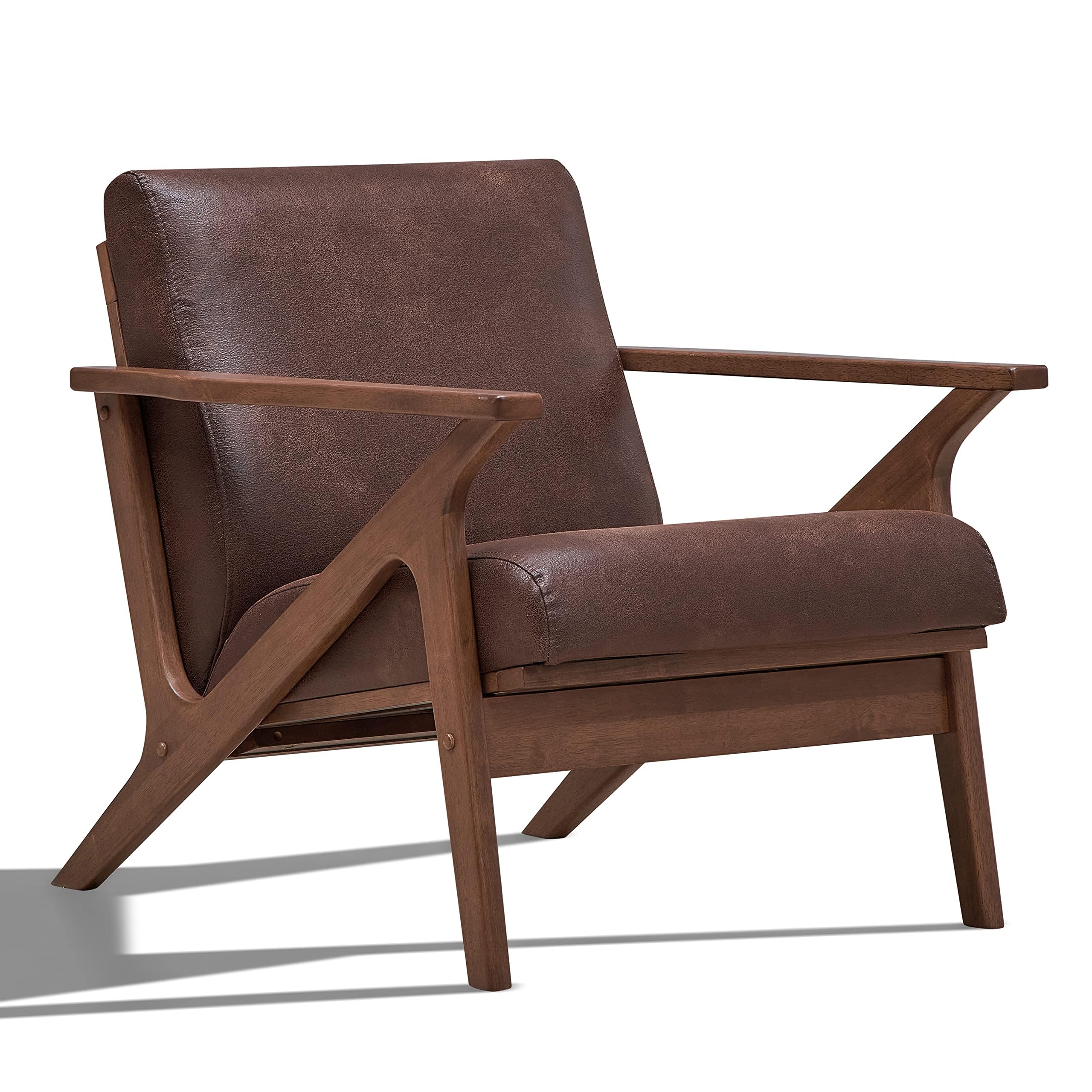 Mid Century Modern Accent Chair - Solid Wood Frame Armchair in Brown/Walnut for Living Room, Bedroom & Reading Nook - Stylish Home Furniture for Relaxation & Decor