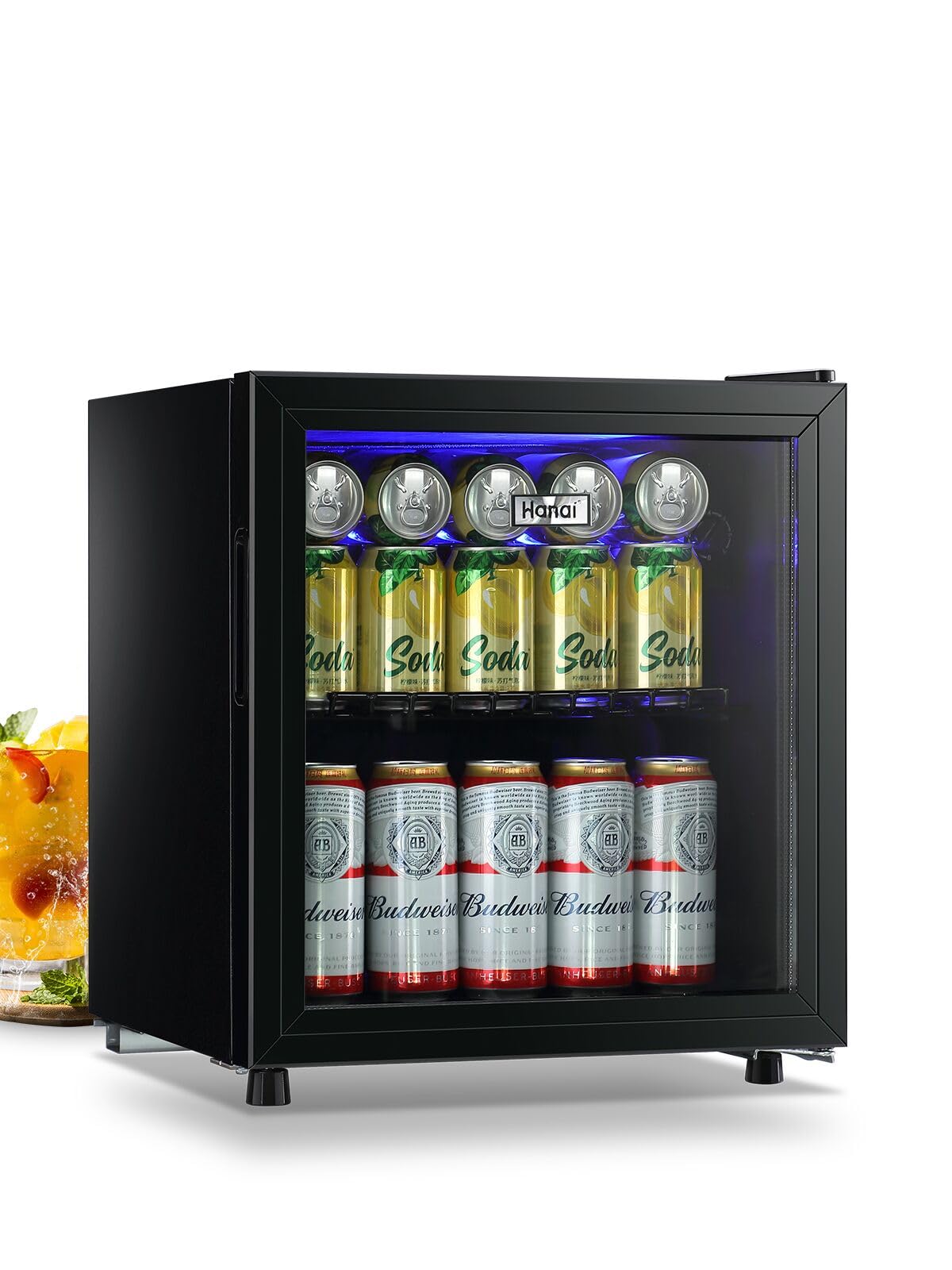 60 Can Beverage Refrigerator - 1.6 Cu.Ft Mini Fridge with Glass Door & Blue LED Lights for Beer, Wine, Juice - Adjustable Shelves & Temperature Control - Perfect for Home, Office, Dorm, Bar & Entertaining